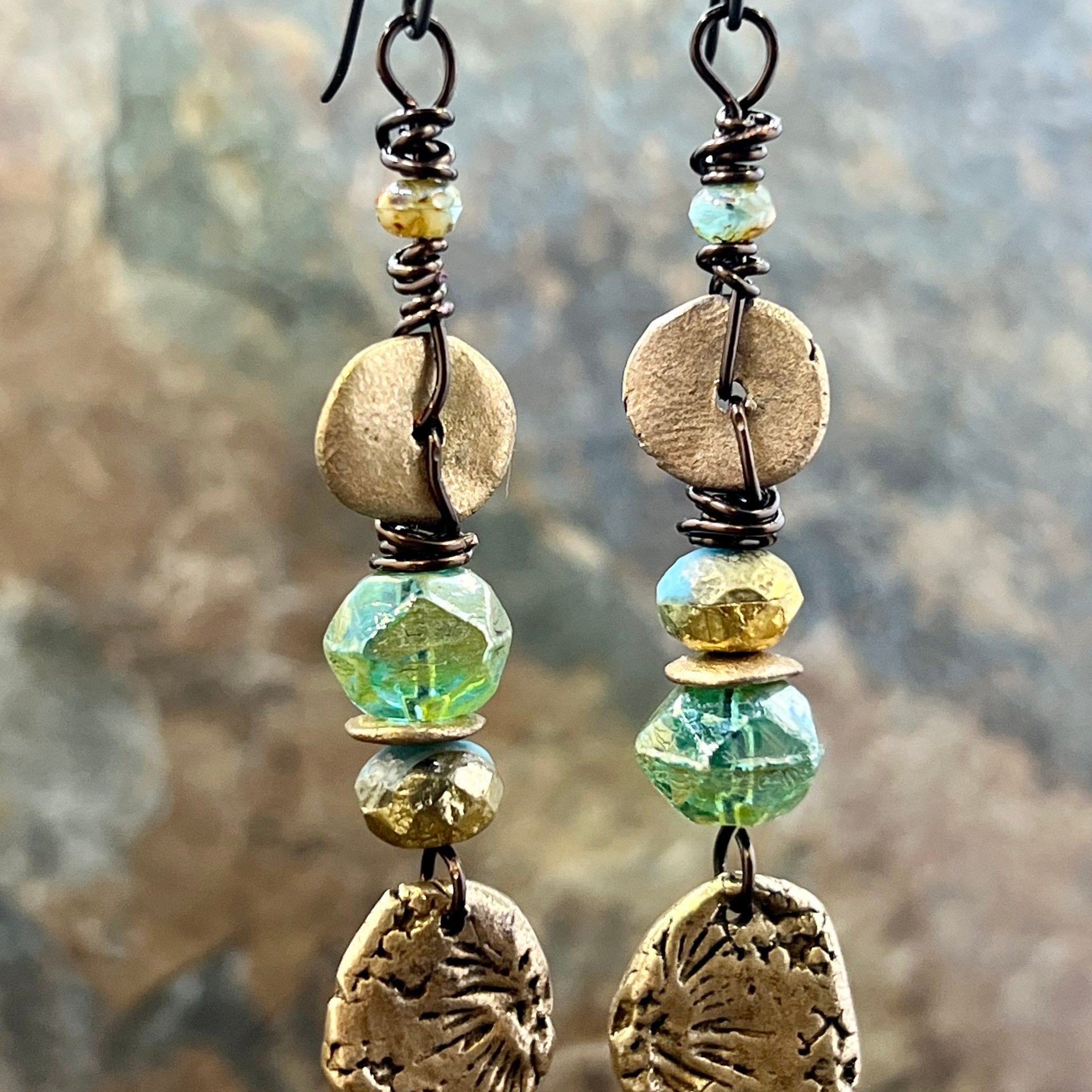 Bronze Coral Fossil Texture Earrings, Stacked Cairns, Washer Donut Beads, Czech Glass, Bronze & Aqua, Arty Mismatched Earrings, Long Dangles