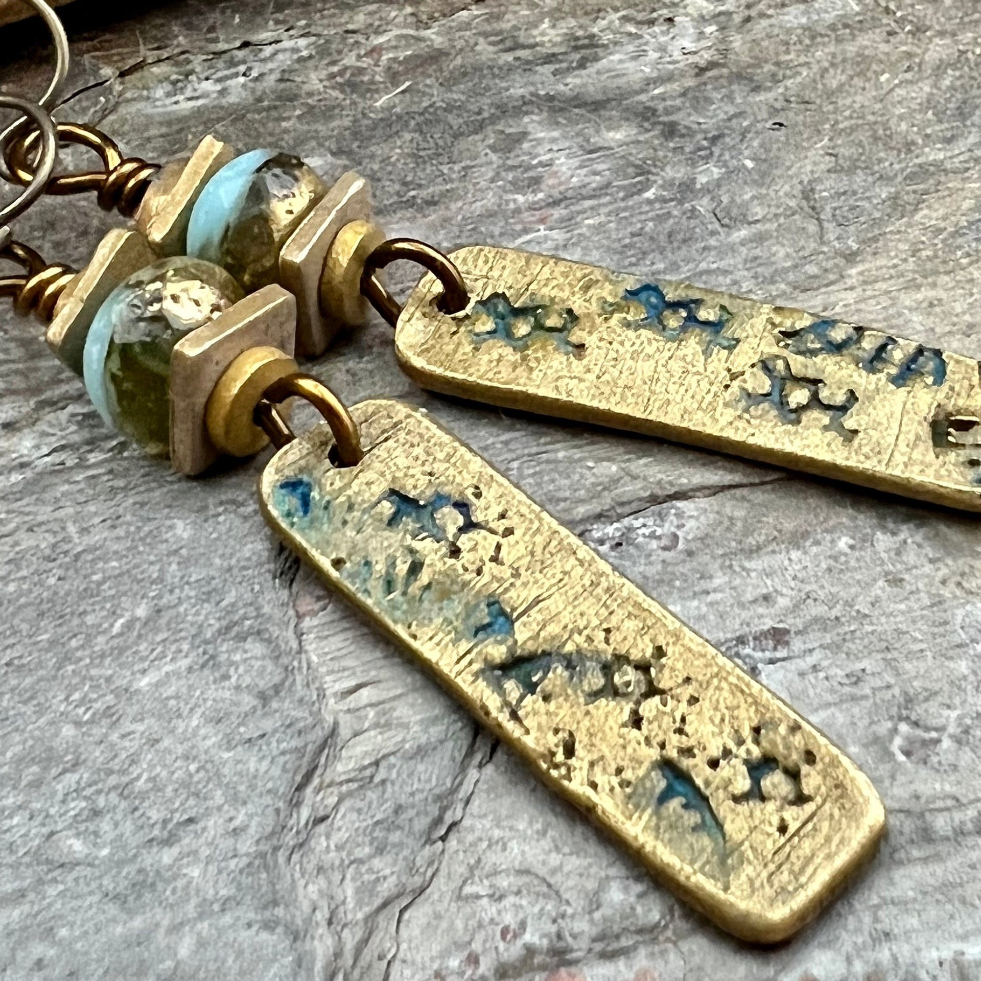 Bronze Dangle Drop Earrings, Coral Fossil Texture, Czech Glass Beads, Bronze and Blue, Hypoallergenic Niobium Ear Wires, Earthy Primitive