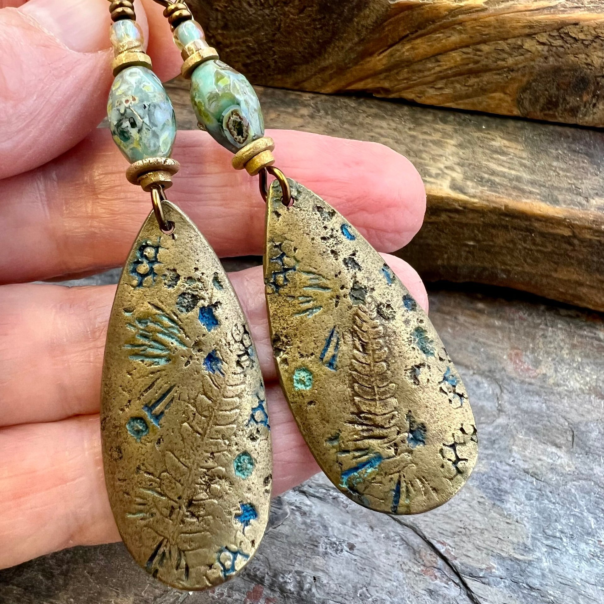 Fern Bronze Earrings, Coral Fossil Texture, Teardrop Shield, Large Statement Earrings, Verdigris Patina, Czech Glass Beads, Hypoallergenic