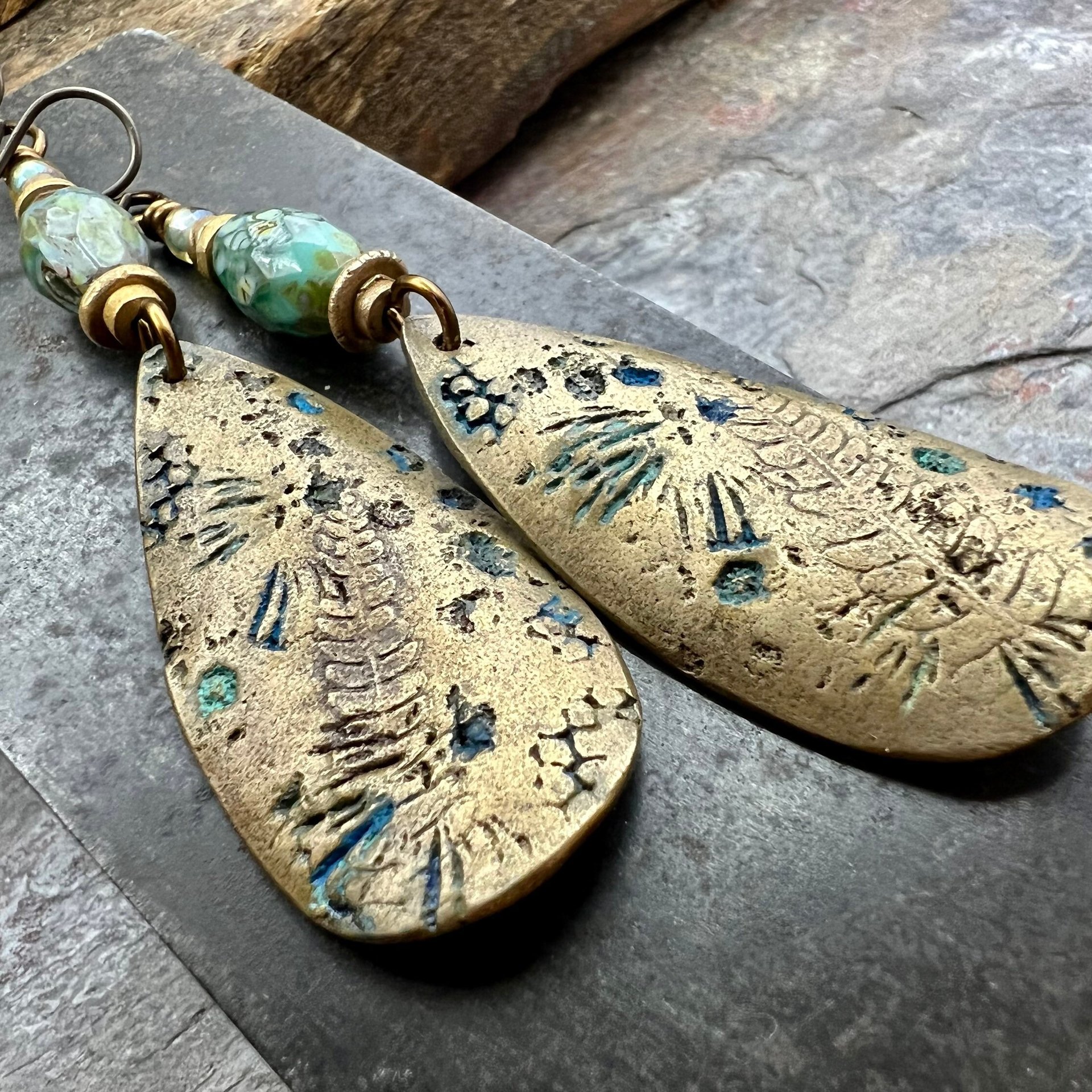 Fern Bronze Earrings, Coral Fossil Texture, Teardrop Shield, Large Statement Earrings, Verdigris Patina, Czech Glass Beads, Hypoallergenic