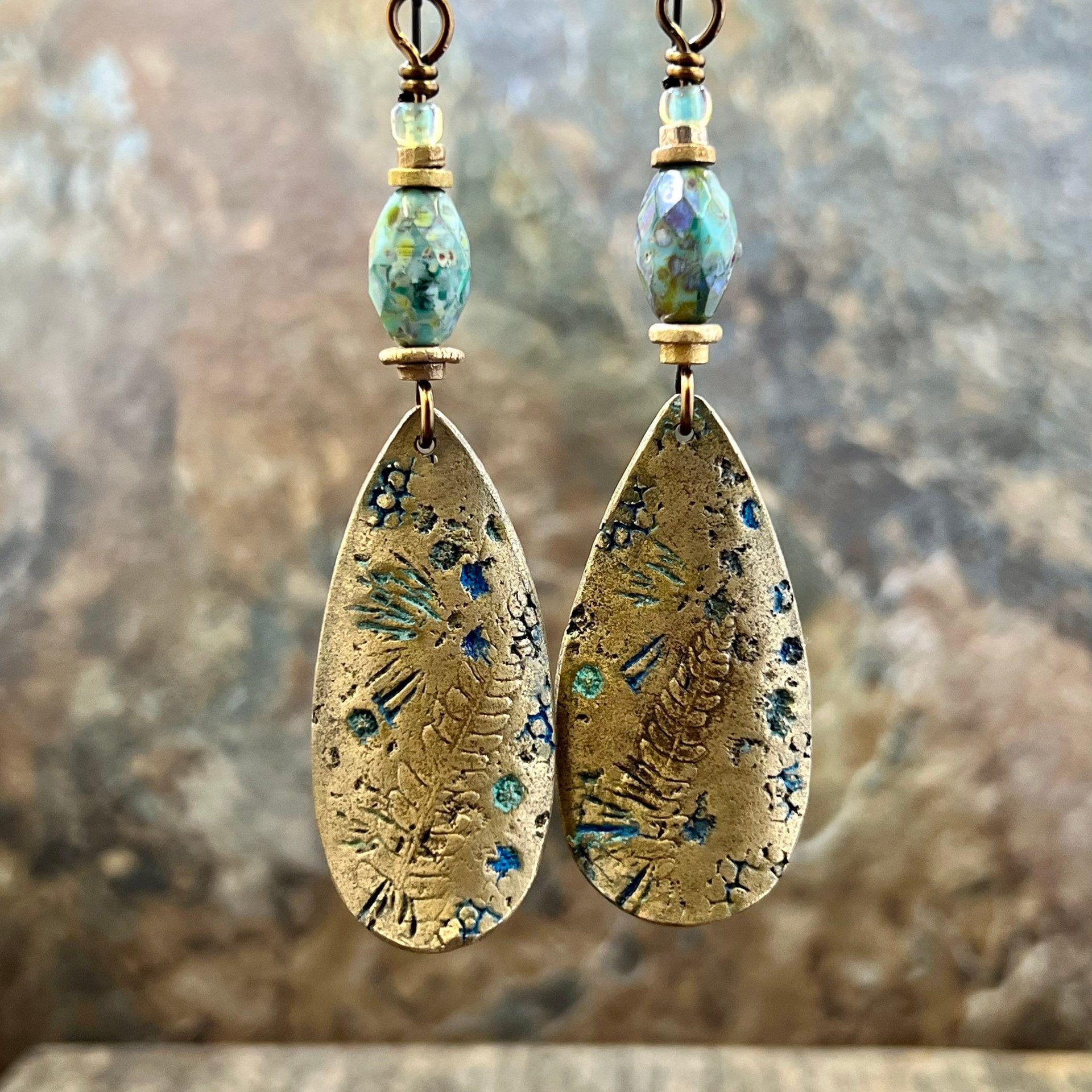 Fern Bronze Earrings, Coral Fossil Texture, Teardrop Shield, Large Statement Earrings, Verdigris Patina, Czech Glass Beads, Hypoallergenic