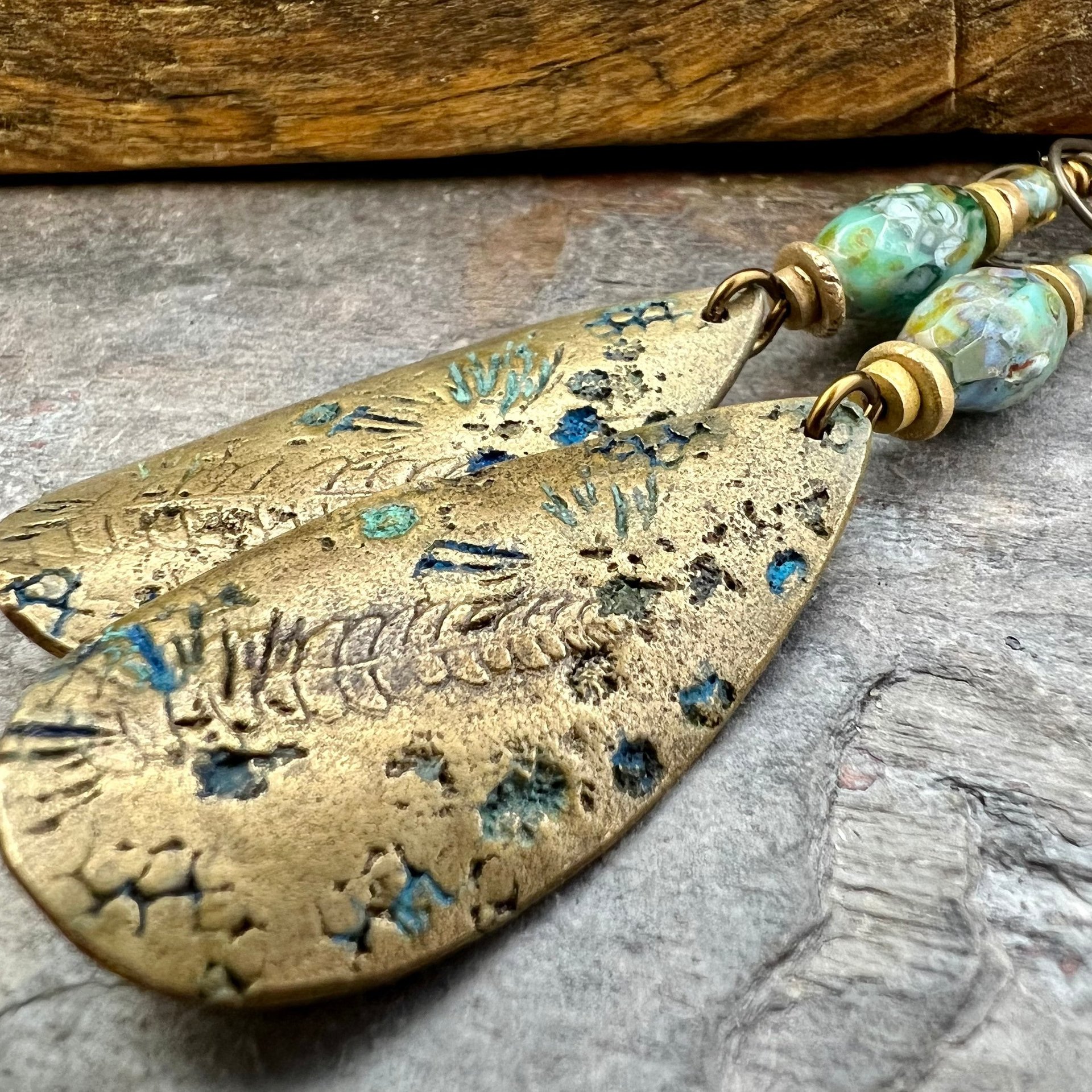 Fern Bronze Earrings, Coral Fossil Texture, Teardrop Shield, Large Statement Earrings, Verdigris Patina, Czech Glass Beads, Hypoallergenic