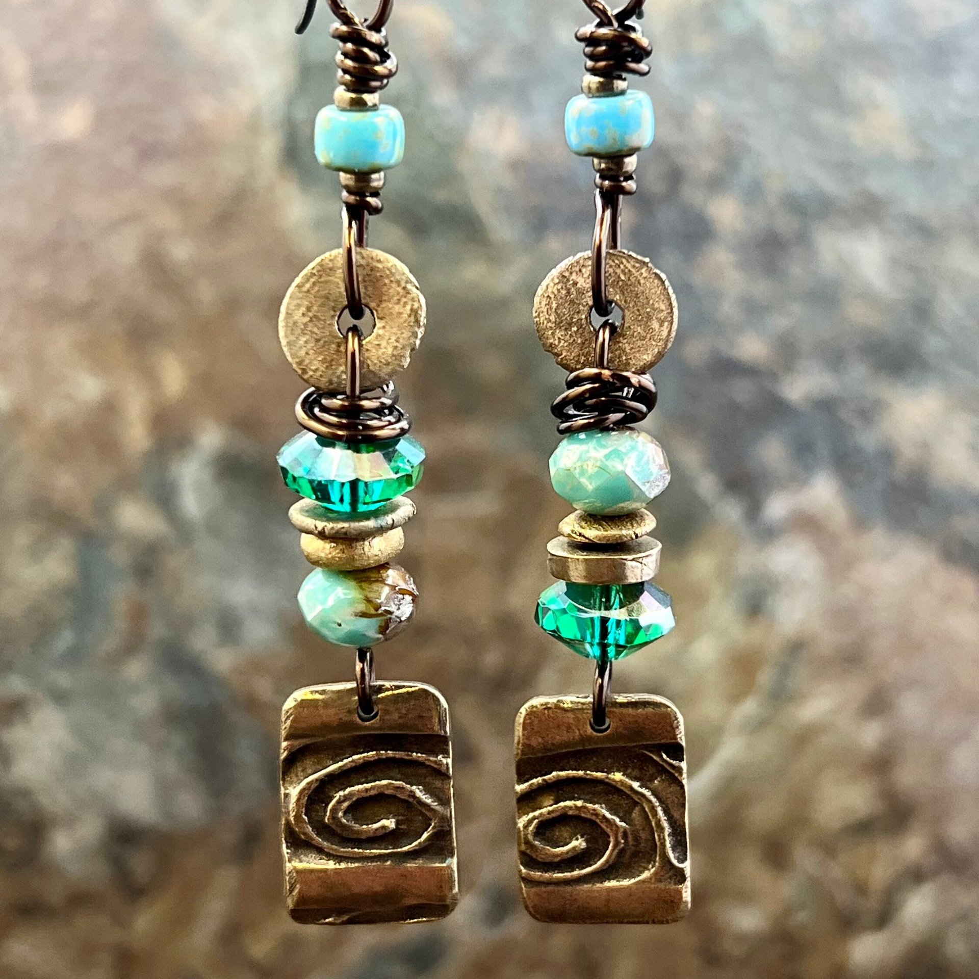 Bronze Spiral Dangle Earrings, Stacked Cairns, Czech Glass, Hypoallergenic Ear Wires, Earthy, Arty Mismatched Earrings, Bronze & Aqua