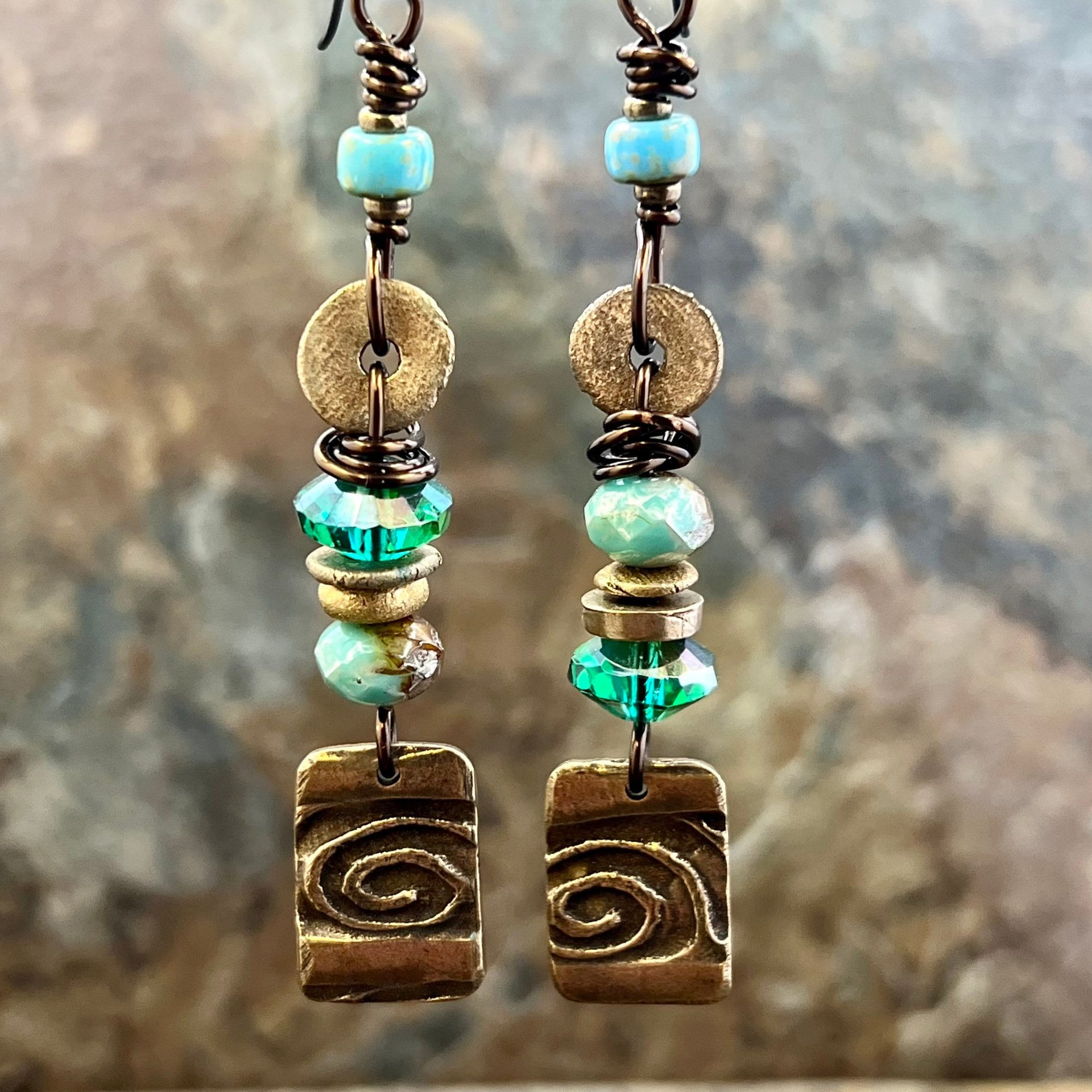 Bronze Spiral Dangle Earrings, Stacked Cairns, Czech Glass, Hypoallergenic Ear Wires, Earthy, Arty Mismatched Earrings, Bronze & Aqua