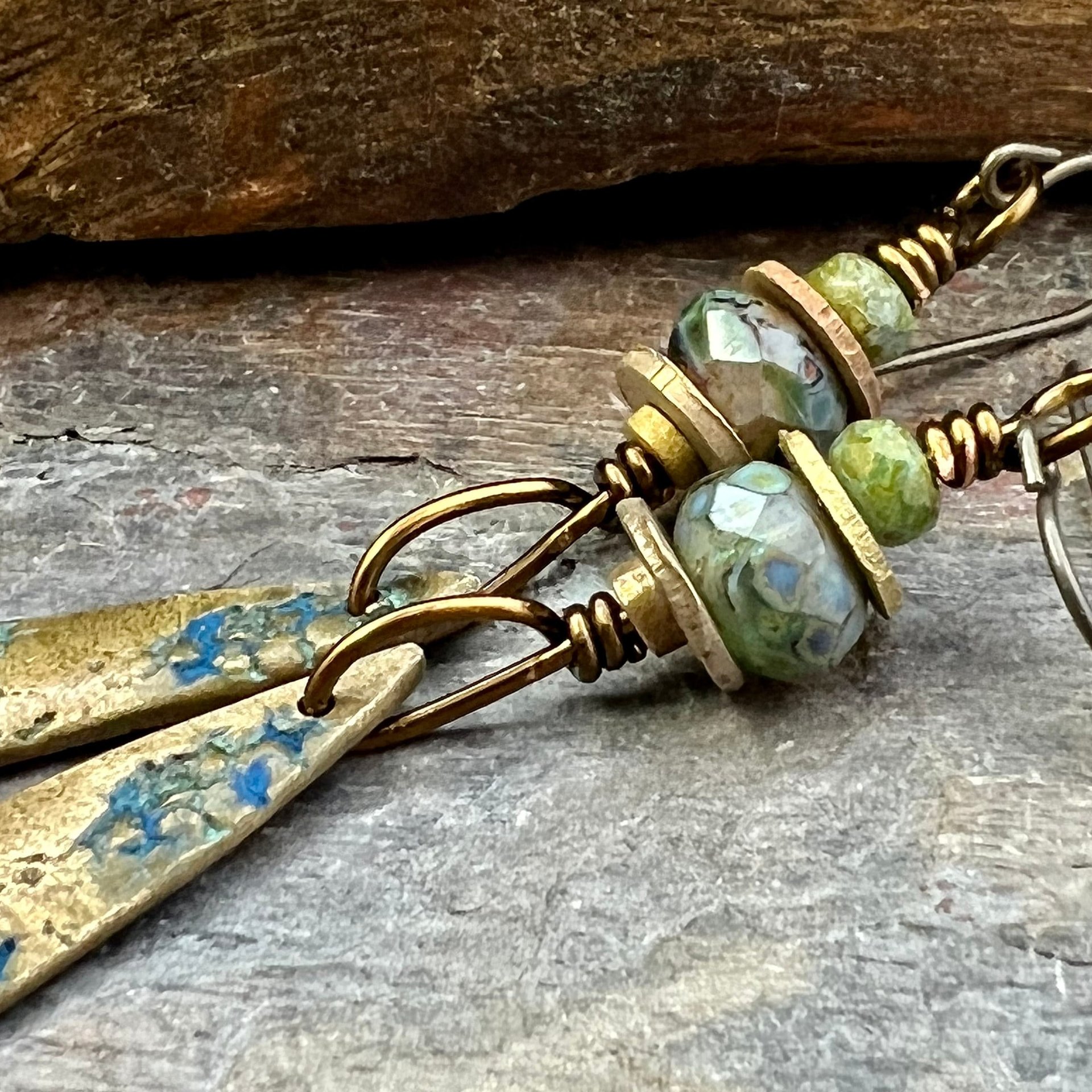 Bronze Dangle, Teardrop Earrings, Coral Fossil Texture, Czech Glass Beads, Bronze and Blue, Hypoallergenic Niobium Ear Wires, Earthy Arty