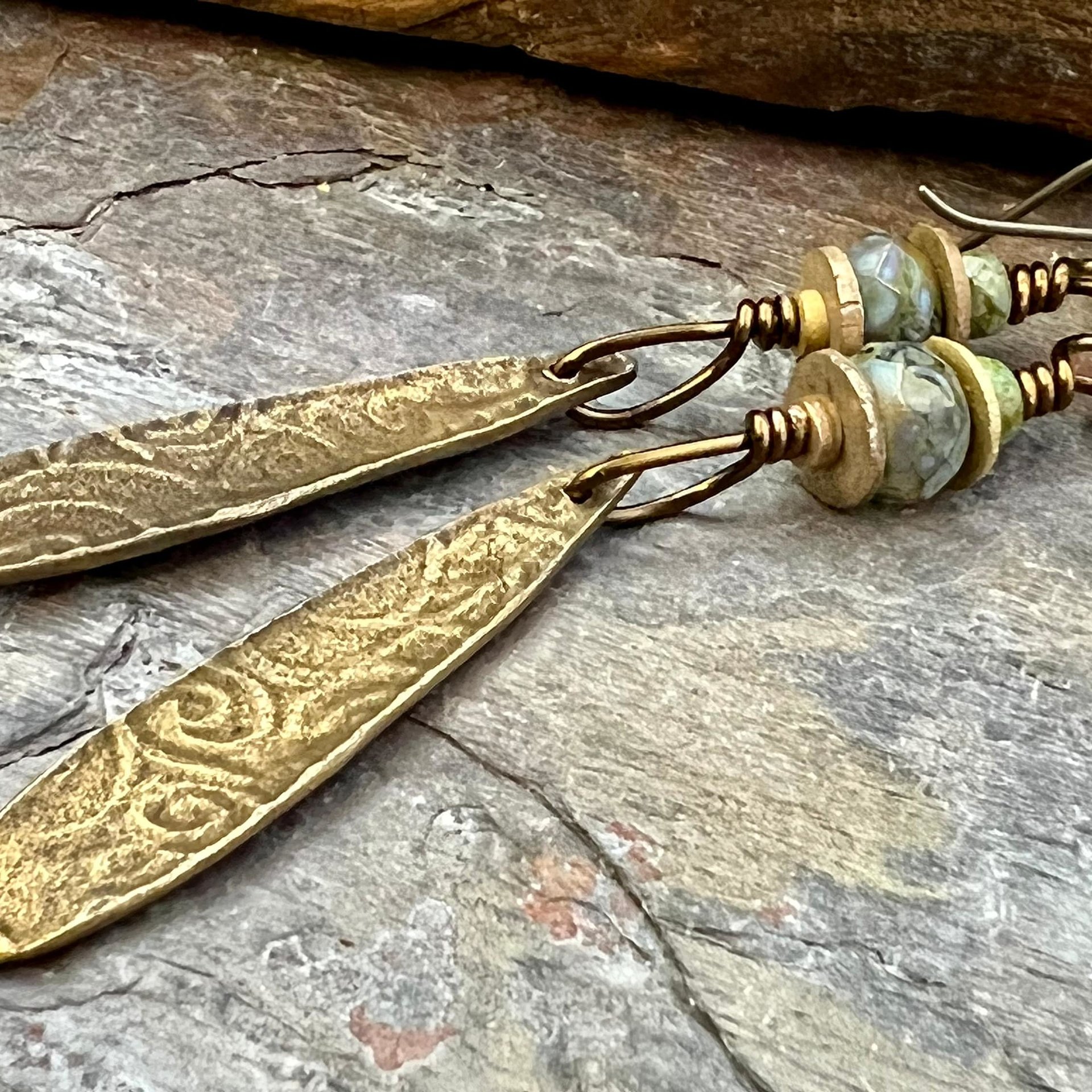 Bronze Dangle, Teardrop Earrings, Coral Fossil Texture, Czech Glass Beads, Bronze and Blue, Hypoallergenic Niobium Ear Wires, Earthy Arty