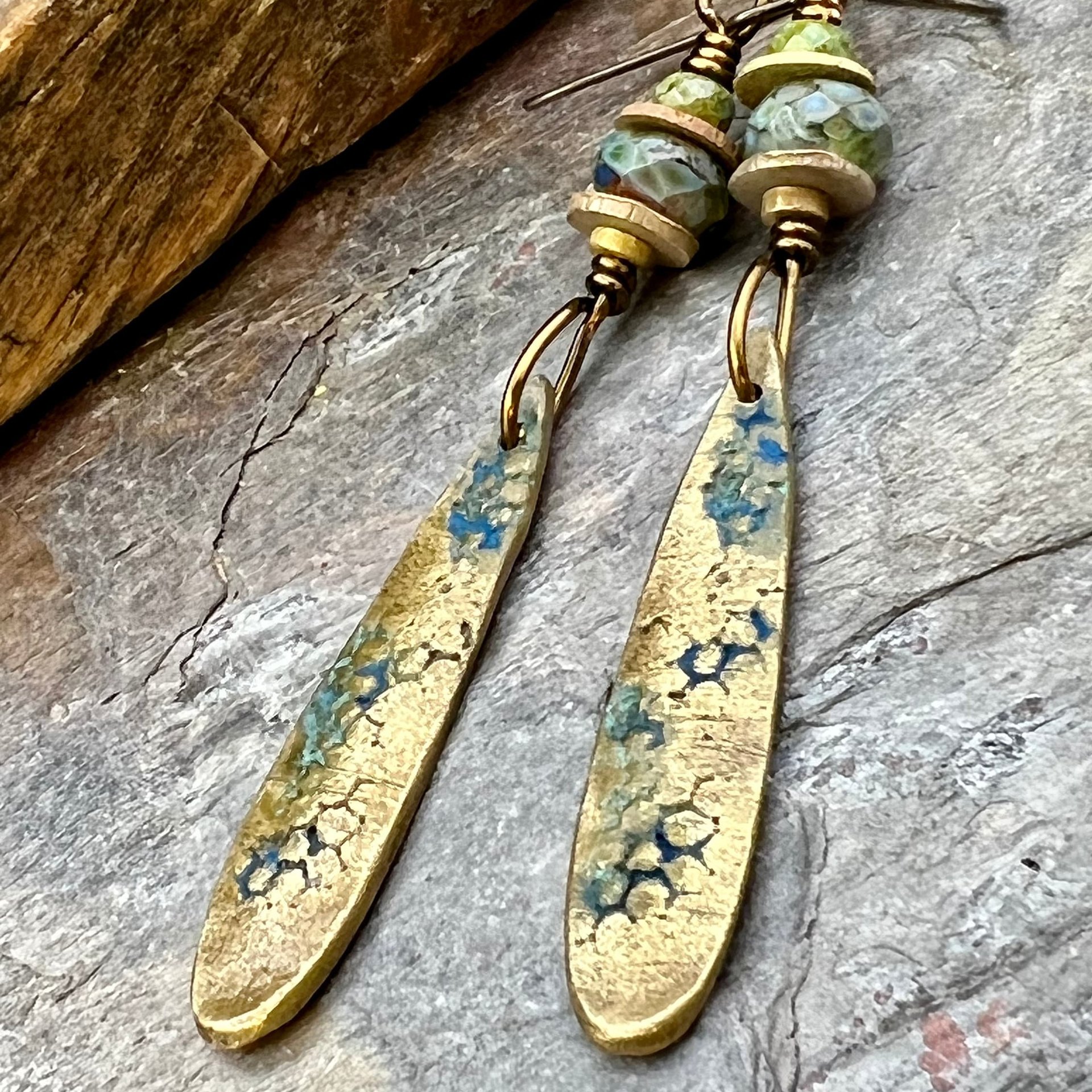 Bronze Dangle, Teardrop Earrings, Coral Fossil Texture, Czech Glass Beads, Bronze and Blue, Hypoallergenic Niobium Ear Wires, Earthy Arty