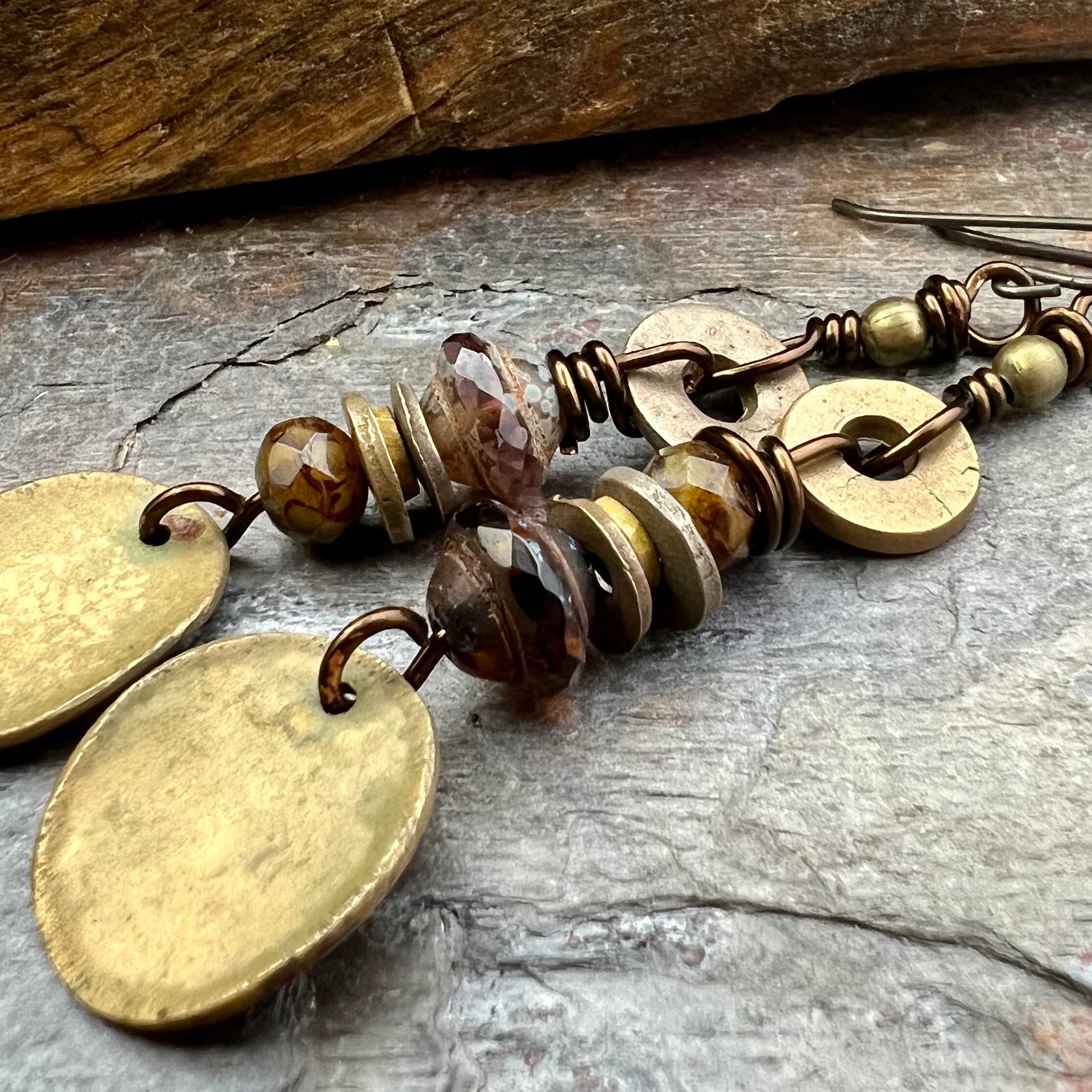 Bronze Disc Dangle Earrings, Stacked Cairns, Czech Glass, Hypoallergenic Ear Wires, Earthy Primitive, Arty Mismatched Earrings, Handmade