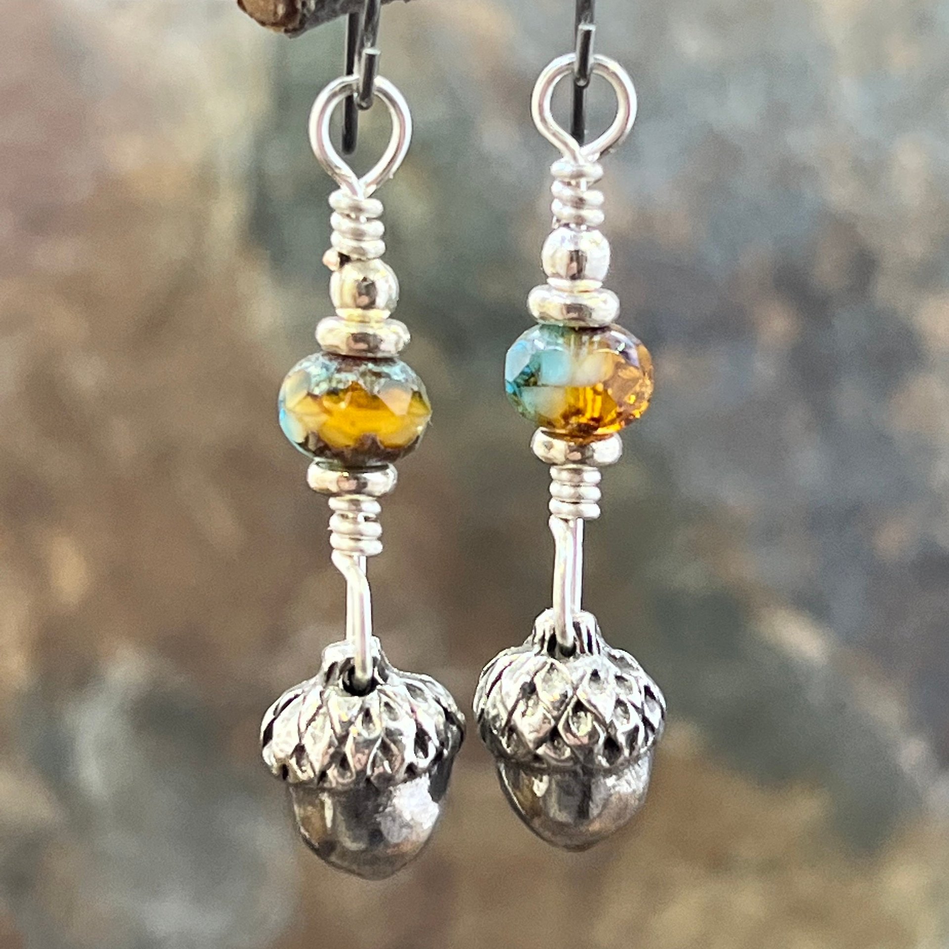 Acorn Sterling Silver Earrings, Hypoallergenic, Niobium Ear Wires, Czech Glass, Oak Tree Jewelry, Tiny Acorns, Druid, Earthy Woodland Gifts