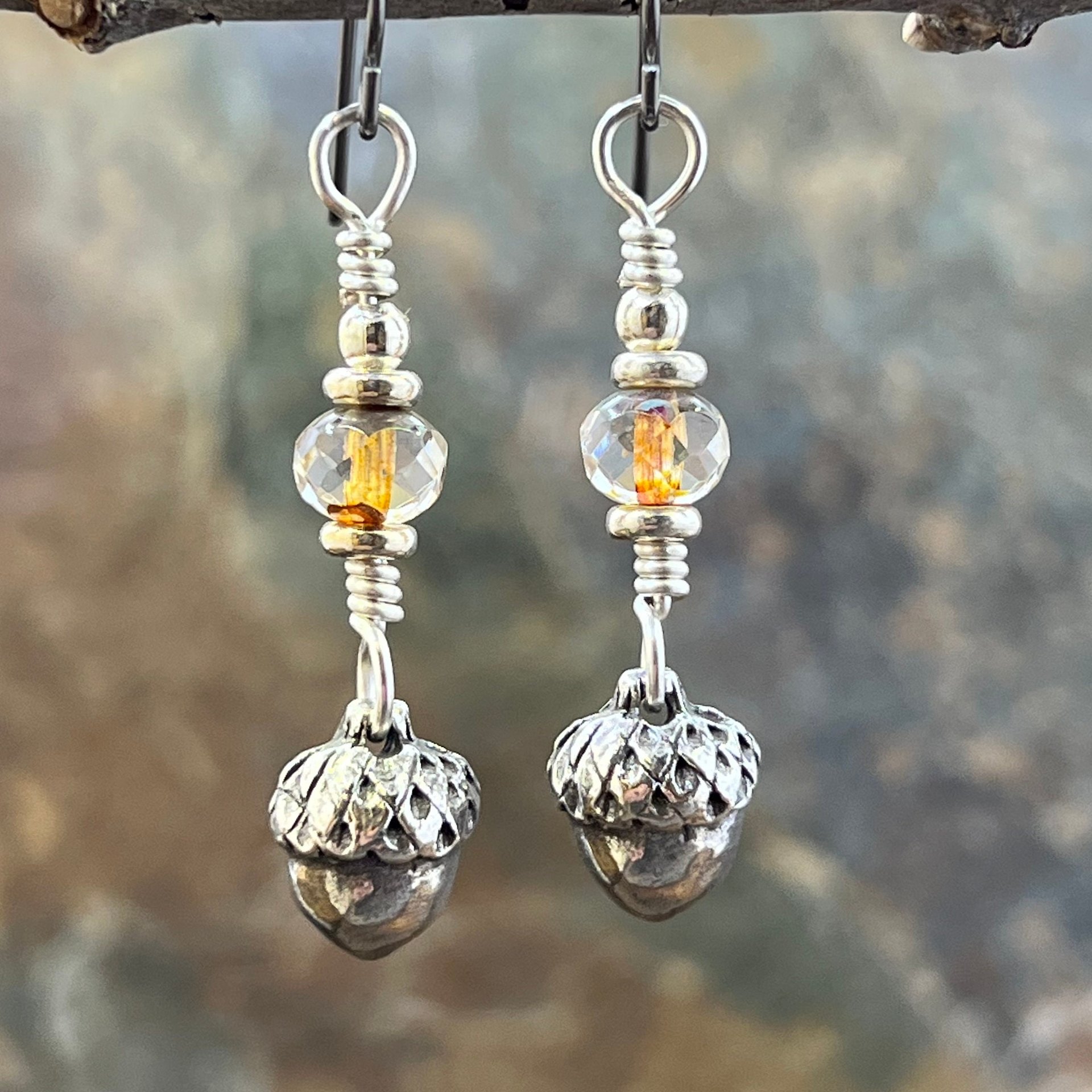 Acorn Sterling Silver Earrings, Hypoallergenic, Niobium Ear Wires, Czech Glass, Oak Tree Jewelry, Tiny Acorns, Druid, Earthy Woodland Gifts