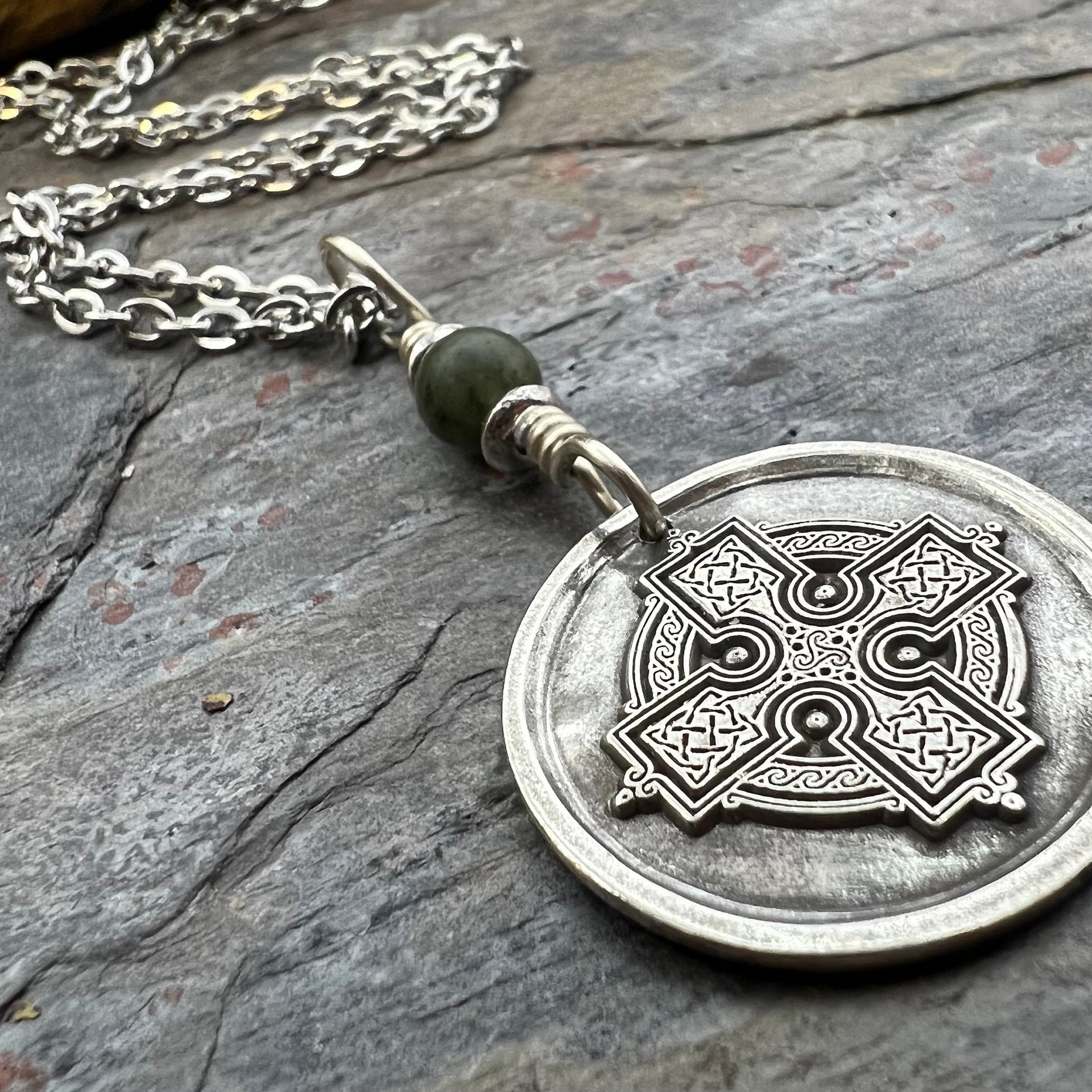 Celtic Cross, Sterling Silver Charm, Connemara Marble, Irish Celtic, Leather & Vegan Cords, Stainless Steel Chain, Silver Cross Necklace