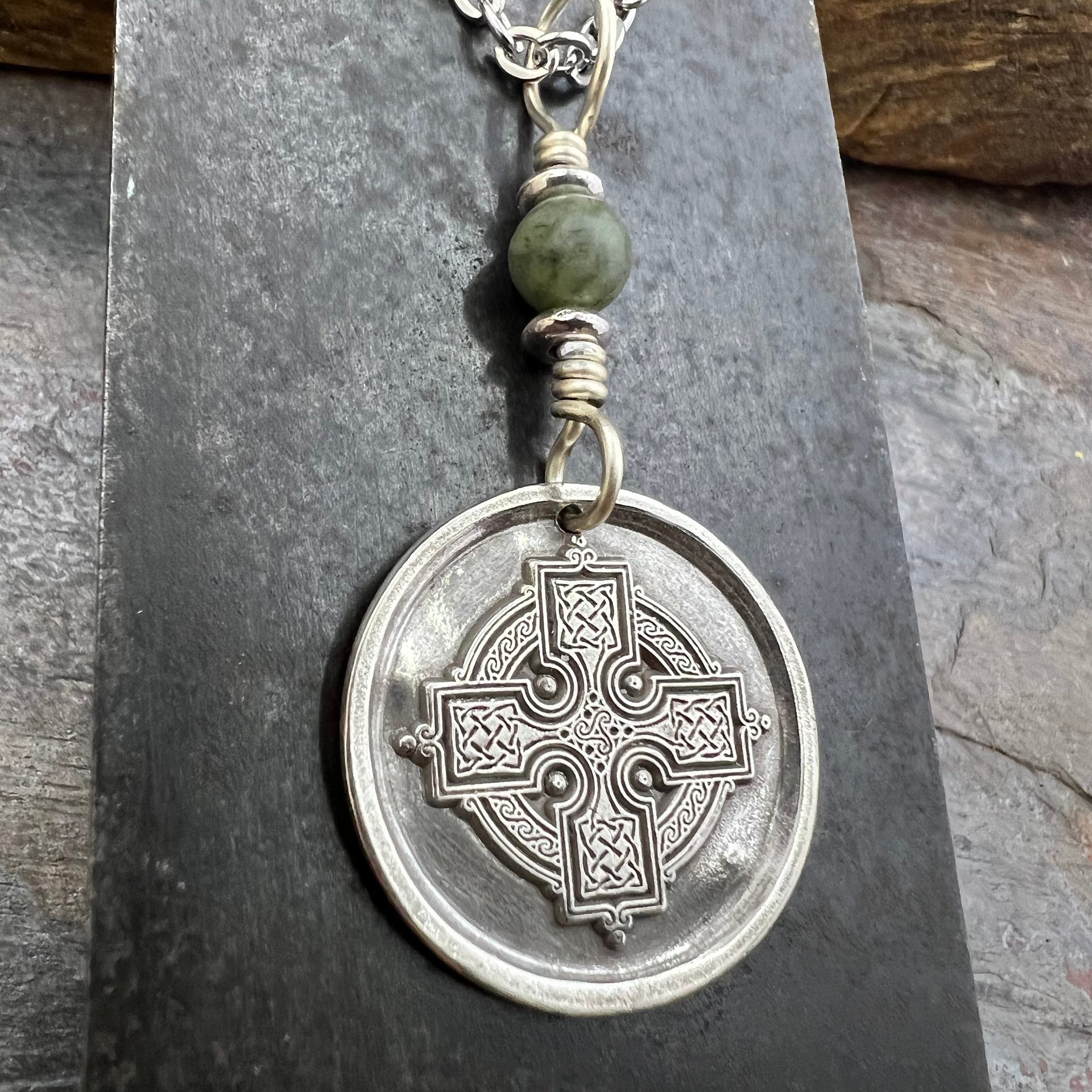 Celtic Cross, Sterling Silver Charm, Connemara Marble, Irish Celtic, Leather & Vegan Cords, Stainless Steel Chain, Silver Cross Necklace