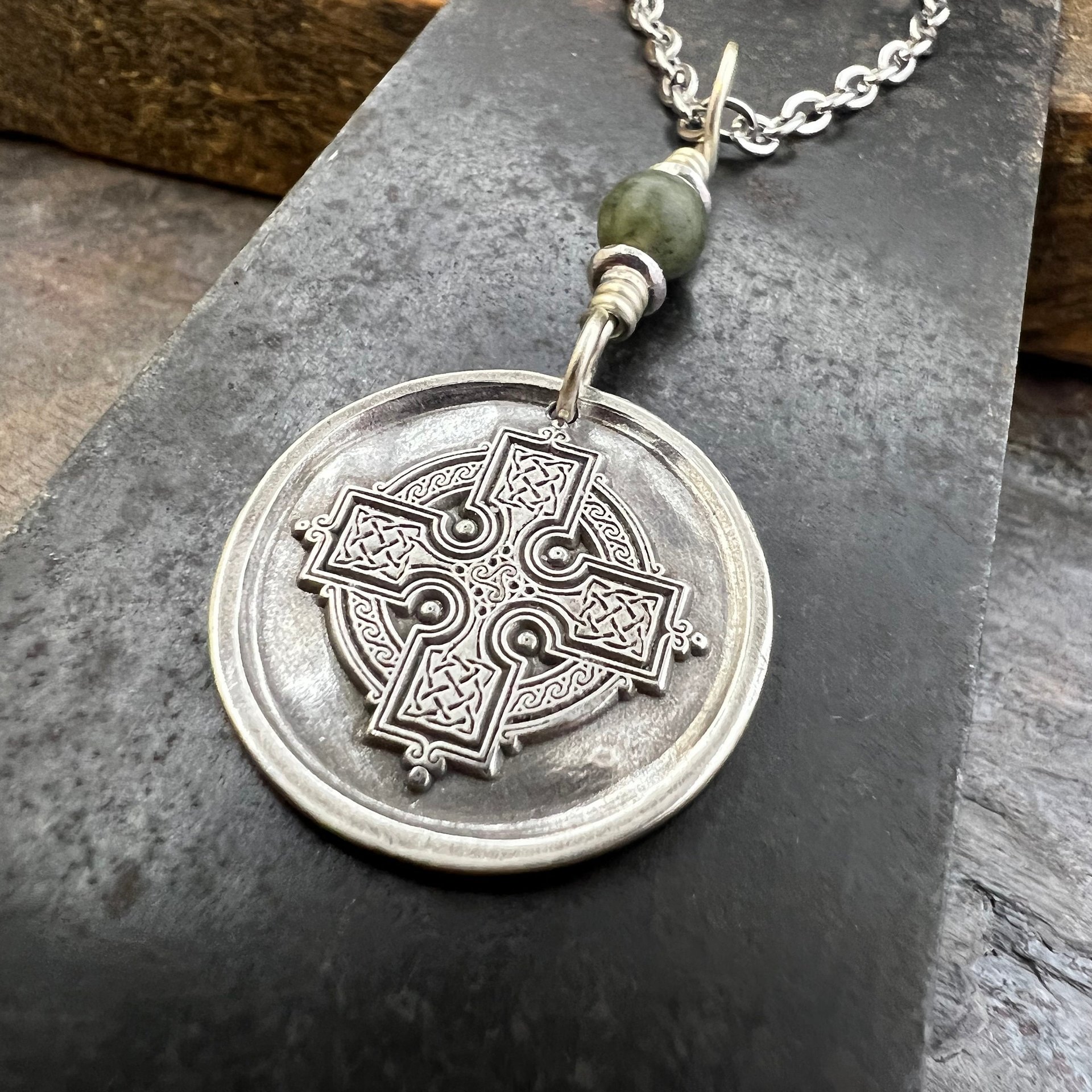 Celtic Cross, Sterling Silver Charm, Connemara Marble, Irish Celtic, Leather & Vegan Cords, Stainless Steel Chain, Silver Cross Necklace