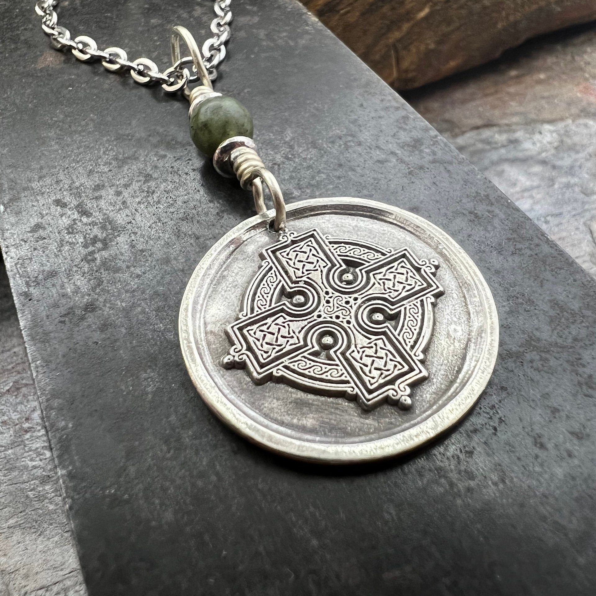 Celtic Cross, Sterling Silver Charm, Connemara Marble, Irish Celtic, Leather & Vegan Cords, Stainless Steel Chain, Silver Cross Necklace