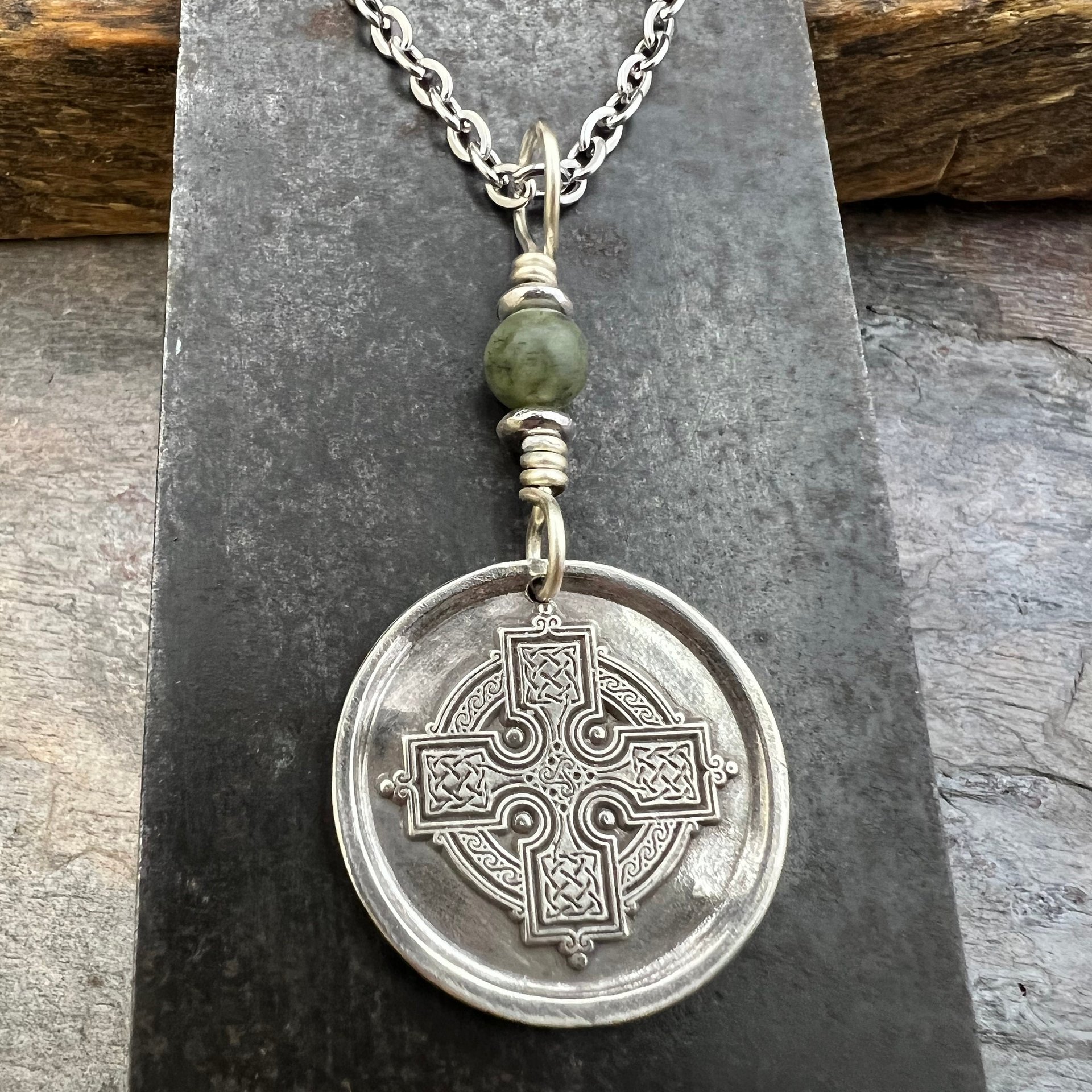 Celtic Cross, Sterling Silver Charm, Connemara Marble, Irish Celtic, Leather & Vegan Cords, Stainless Steel Chain, Silver Cross Necklace