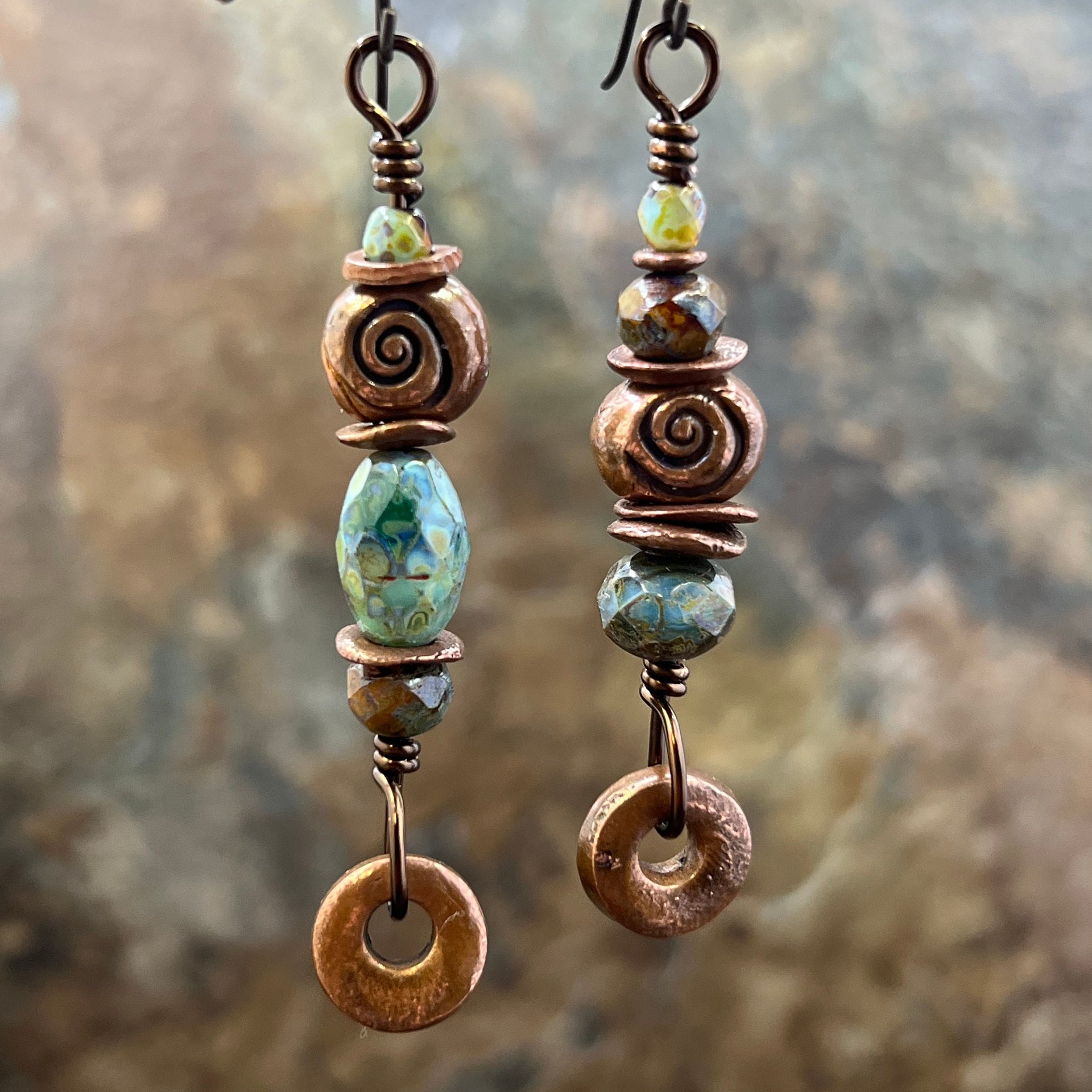 Stacked Cairn Earrings, Copper Hoops, Czech Glass Beads, Hypoallergenic Ear Wires, Earthy Primitive, Arty Mismatched Earrings, Copper & Aqua