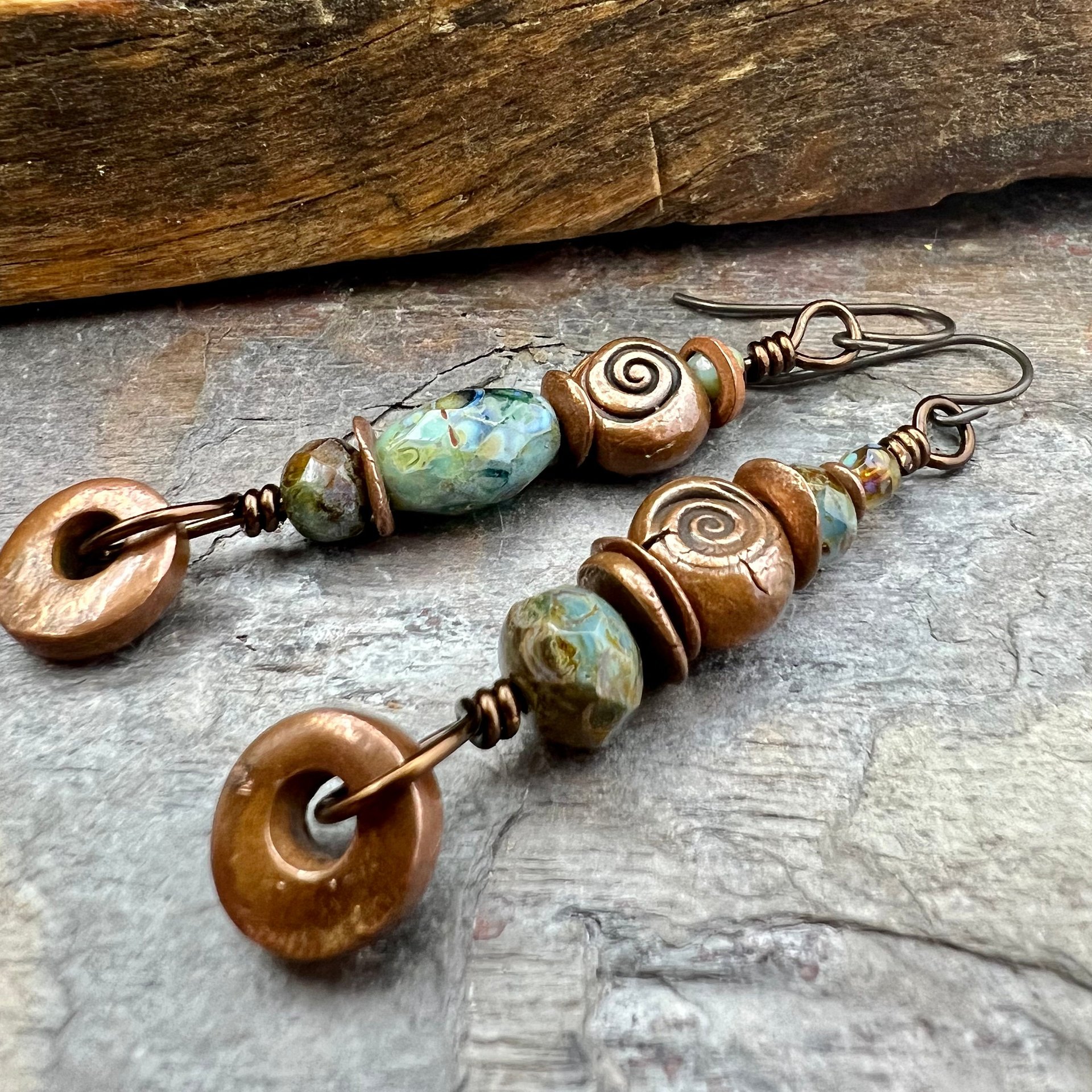 Stacked Cairn Earrings, Copper Hoops, Czech Glass Beads, Hypoallergenic Ear Wires, Earthy Primitive, Arty Mismatched Earrings, Copper & Aqua