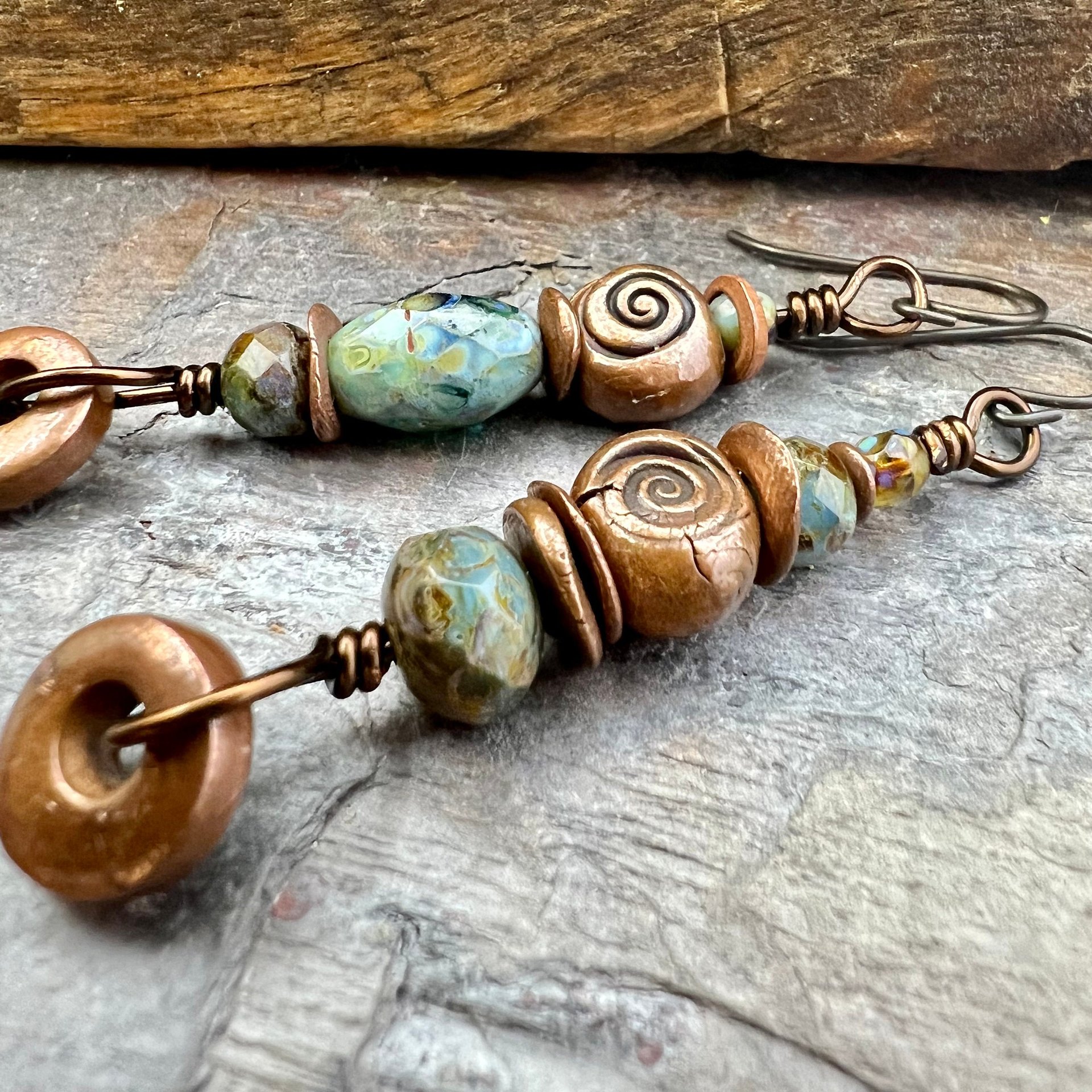 Stacked Cairn Earrings, Copper Hoops, Czech Glass Beads, Hypoallergenic Ear Wires, Earthy Primitive, Arty Mismatched Earrings, Copper & Aqua