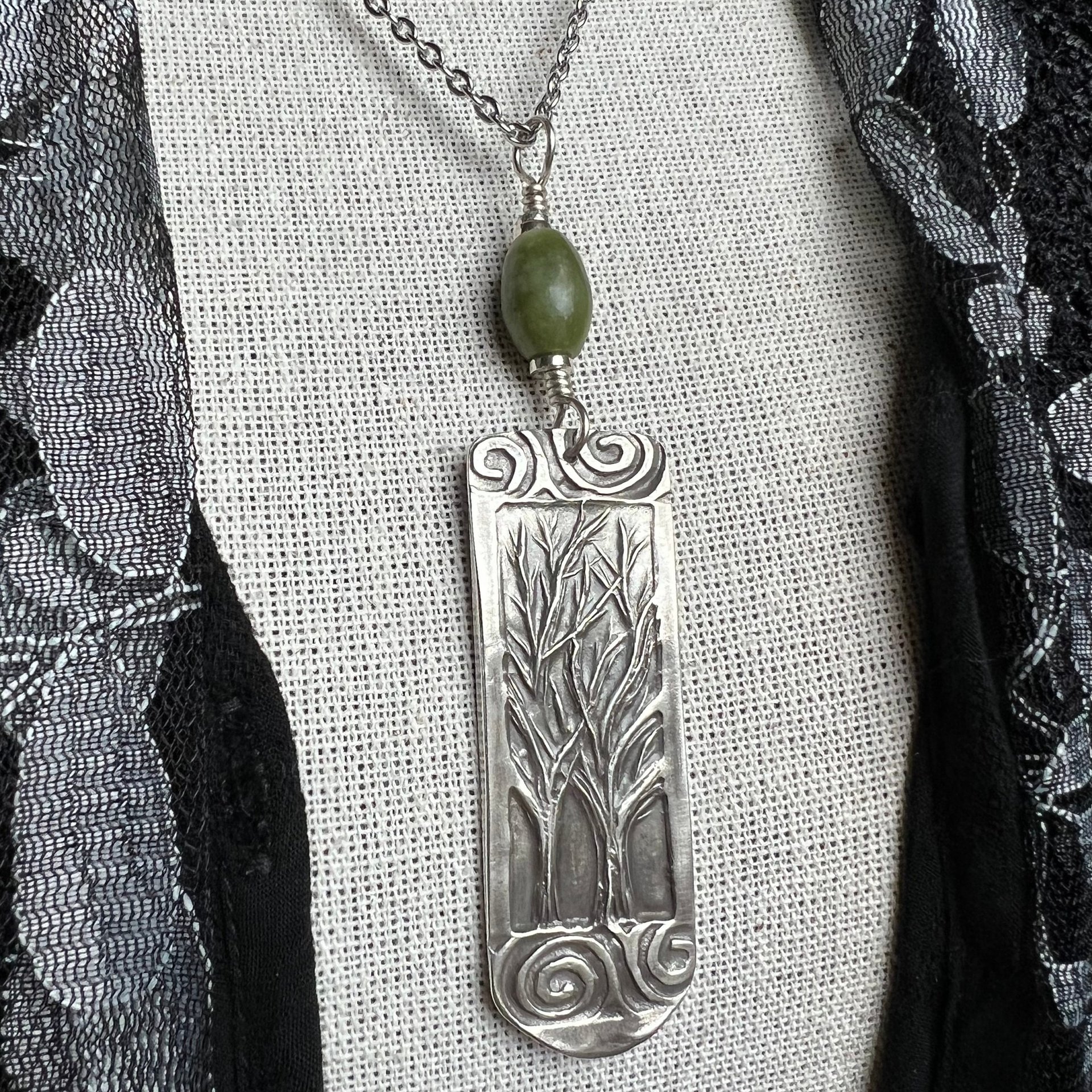 Two Trees Pendant, Sterling Silver, Connemara Marble, Long Skinny Tree Necklace, Intertwined Trees, Irish Celtic Spirals, Tree Branches