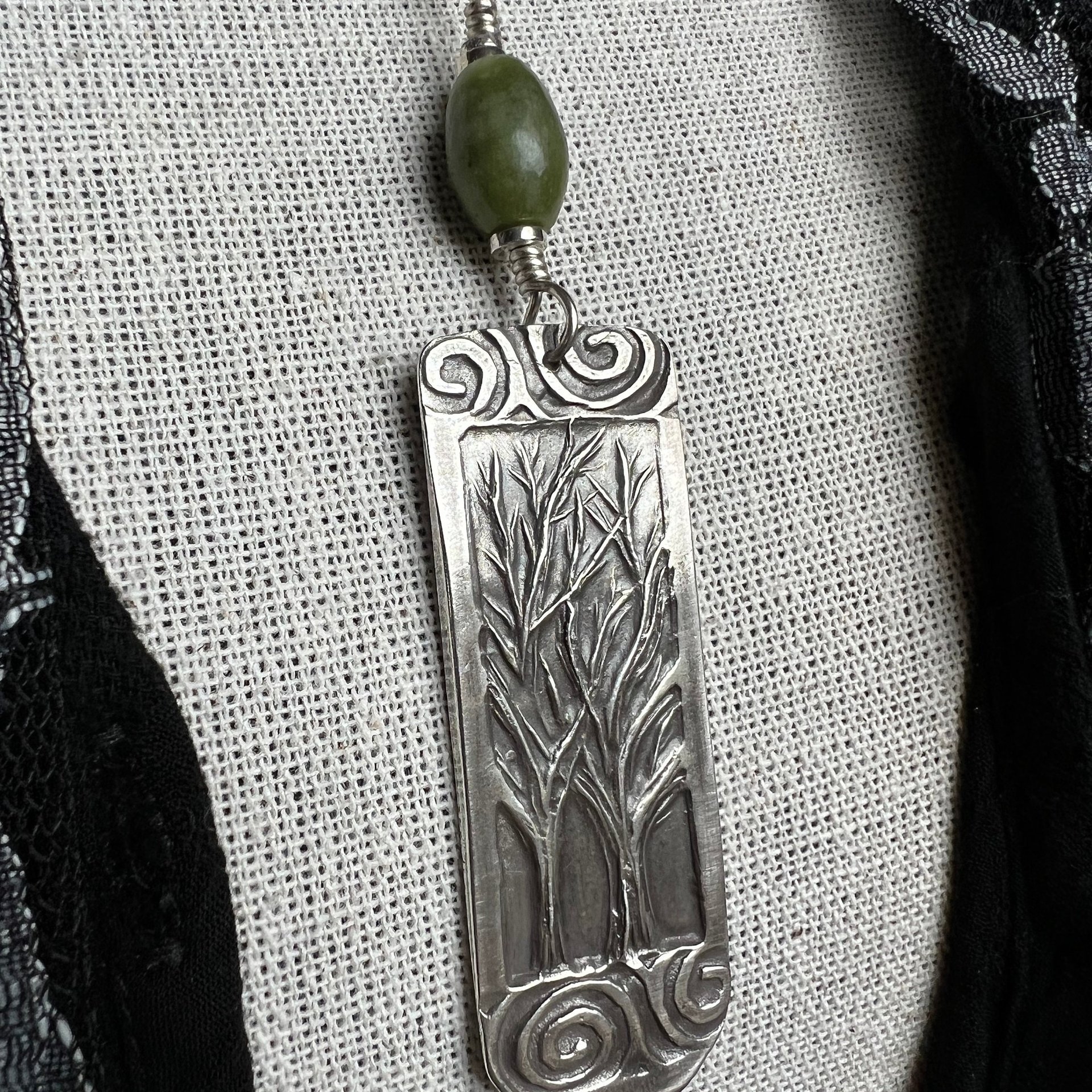 Two Trees Pendant, Sterling Silver, Connemara Marble, Long Skinny Tree Necklace, Intertwined Trees, Irish Celtic Spirals, Tree Branches