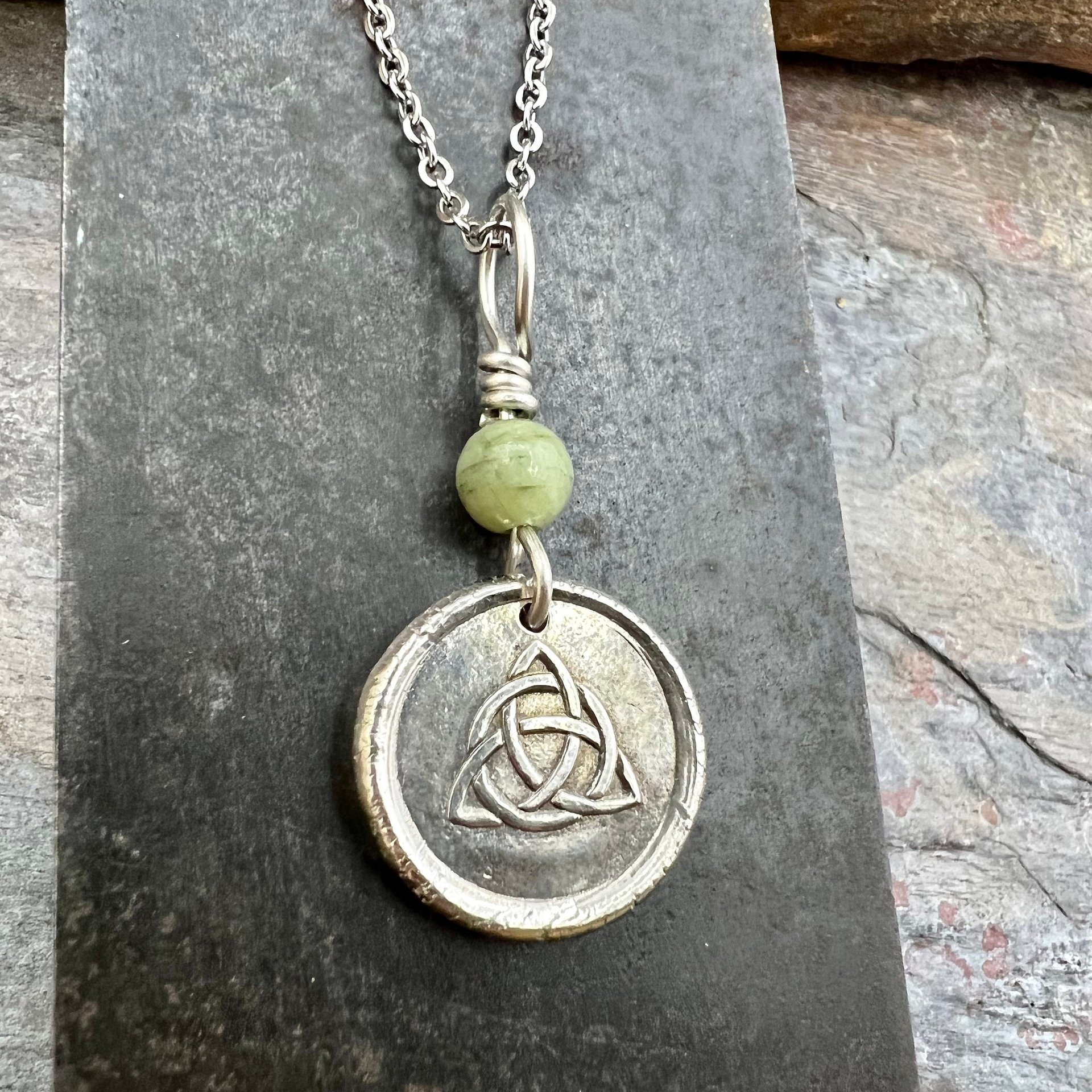Trinity Knot, Triquetra, Sterling Silver, Wax Seal Charm, Connemara Marble, Irish Celtic Jewelry, Leather & Vegan Cords, Triple Goddess