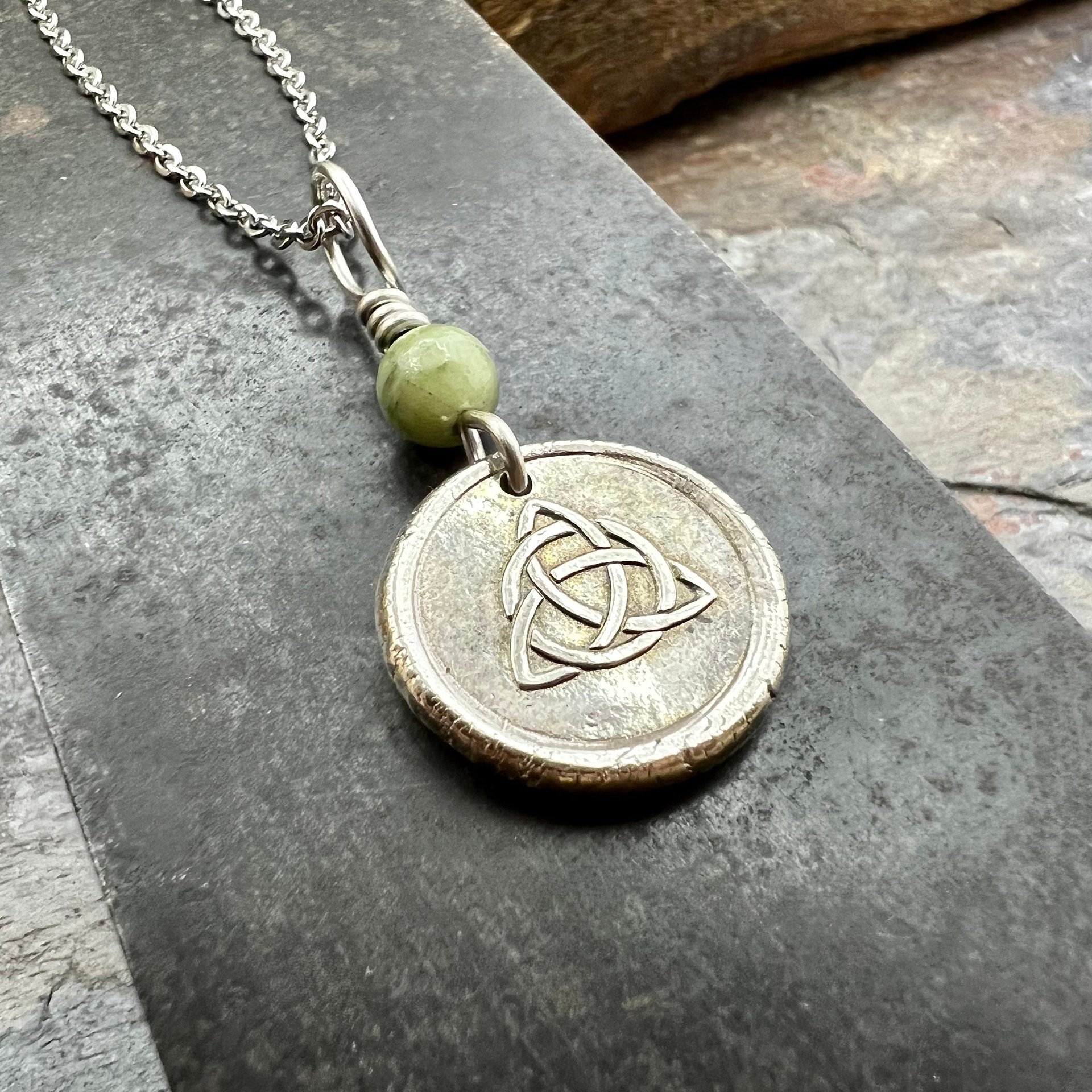 Trinity Knot, Triquetra, Sterling Silver, Wax Seal Charm, Connemara Marble, Irish Celtic Jewelry, Leather & Vegan Cords, Triple Goddess