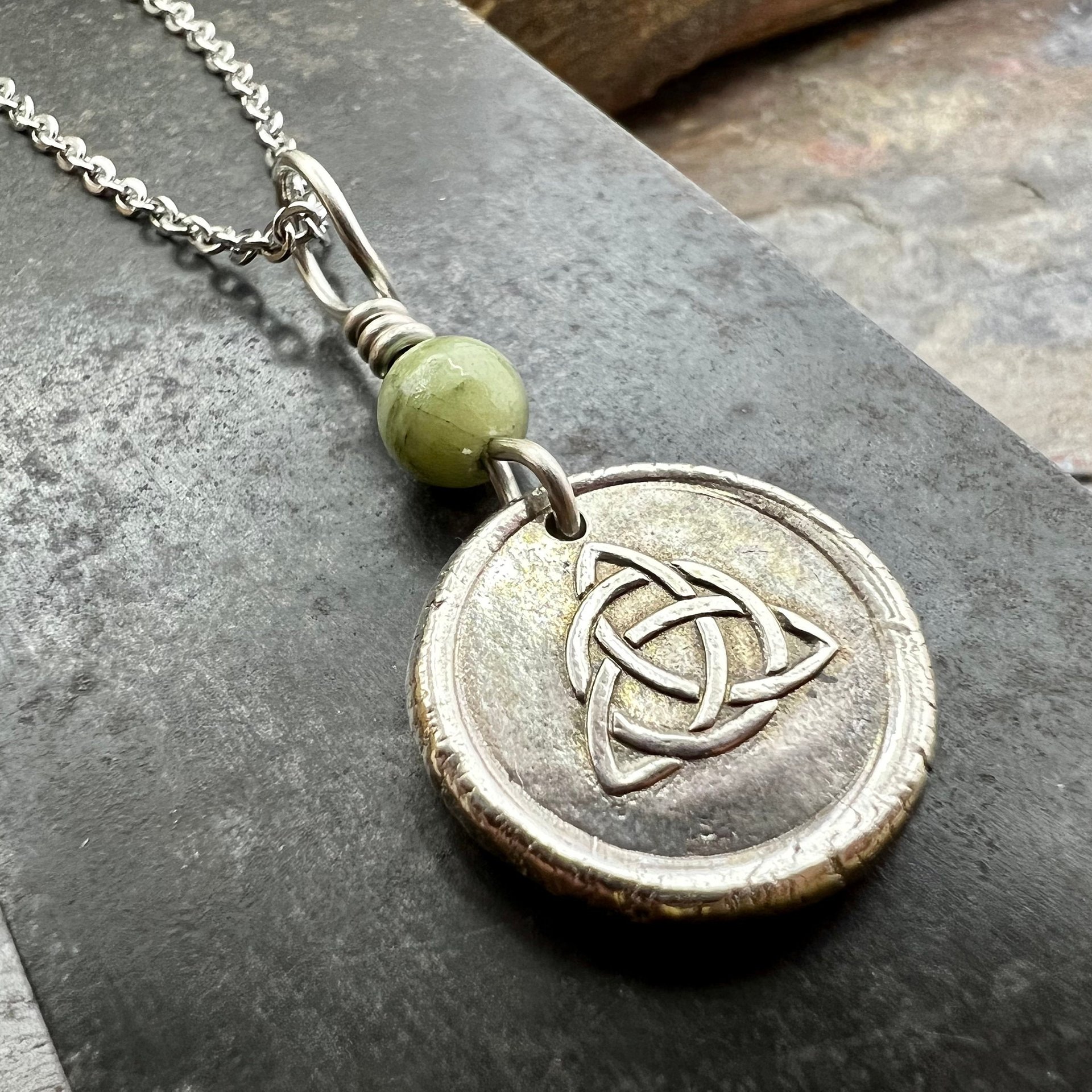 Trinity Knot, Triquetra, Sterling Silver, Wax Seal Charm, Connemara Marble, Irish Celtic Jewelry, Leather & Vegan Cords, Triple Goddess