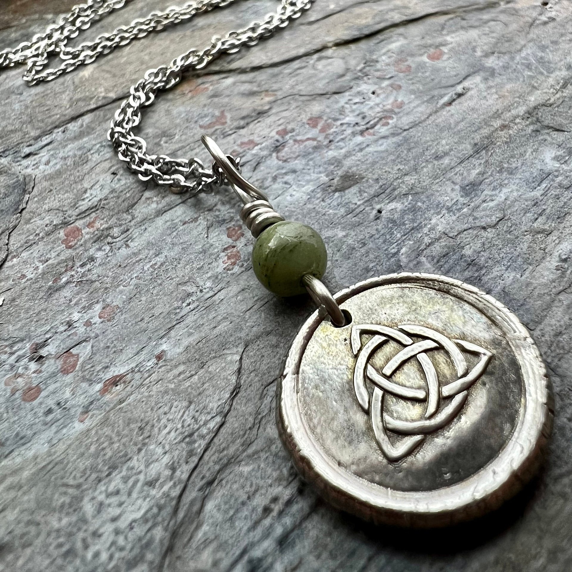 Trinity Knot, Triquetra, Sterling Silver, Wax Seal Charm, Connemara Marble, Irish Celtic Jewelry, Leather & Vegan Cords, Triple Goddess