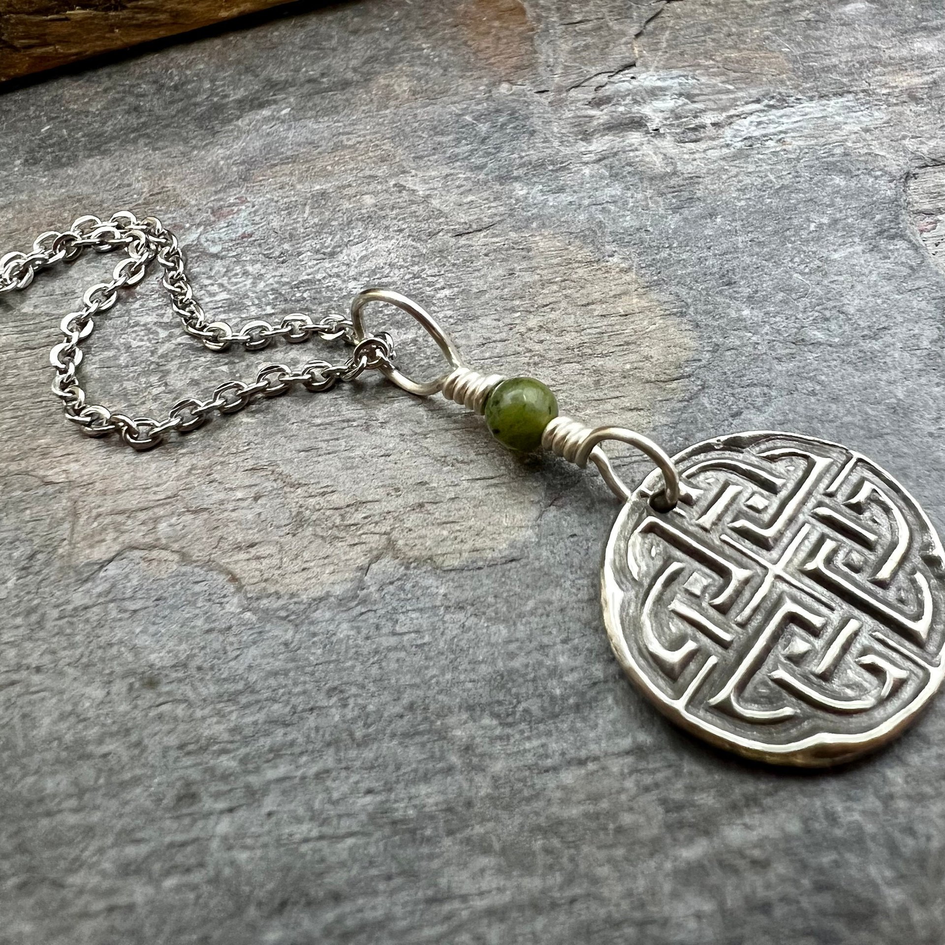 Sterling Silver, Celtic Knot Wax Seal Charm, Connemara Marble, Irish Celtic Jewelry, Pagan Art, Leather & Vegan Cords, Stainless Chains