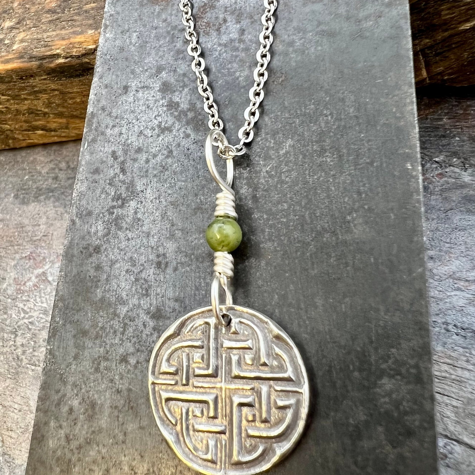 Sterling Silver, Celtic Knot Wax Seal Charm, Connemara Marble, Irish Celtic Jewelry, Pagan Art, Leather & Vegan Cords, Stainless Chains