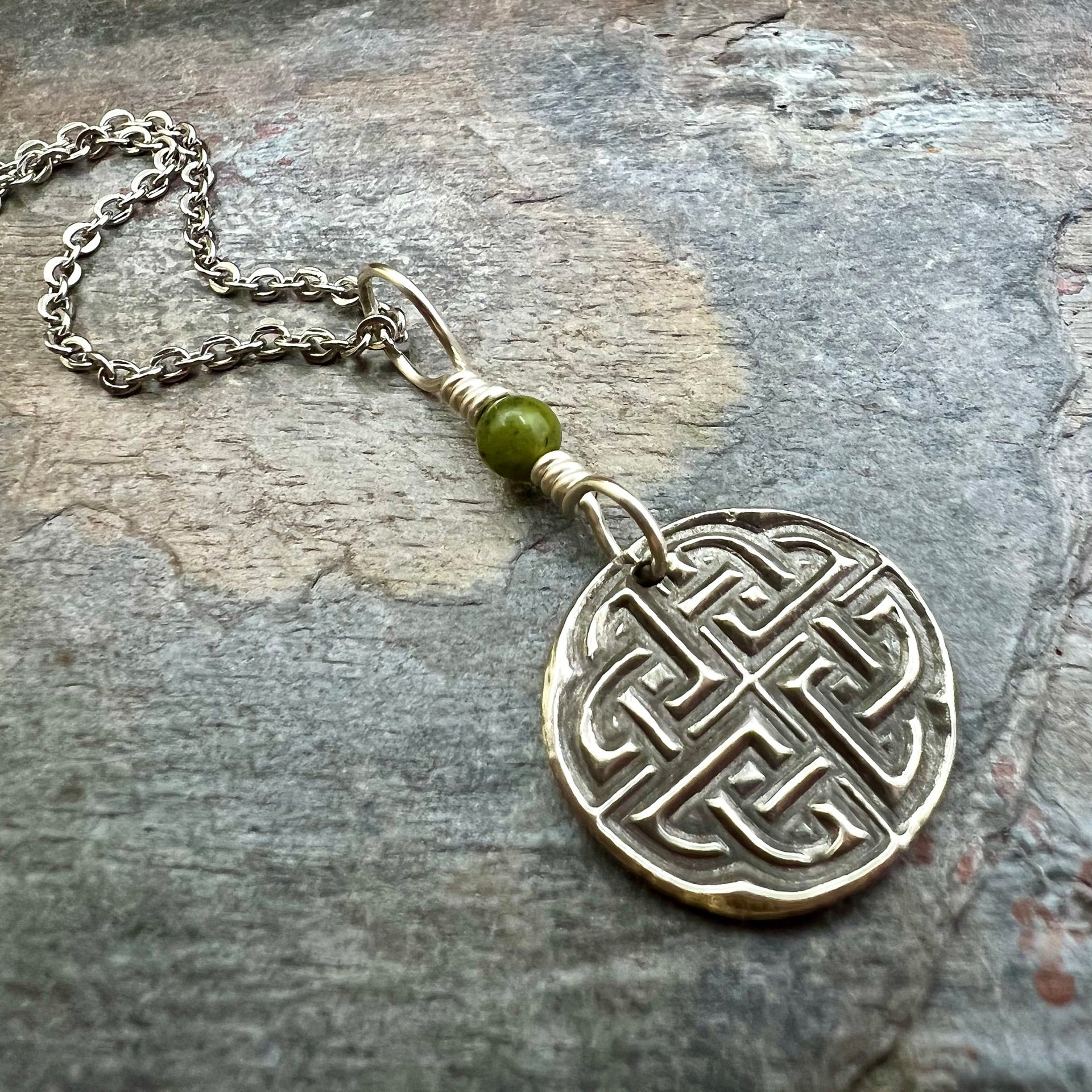 Sterling Silver, Celtic Knot Wax Seal Charm, Connemara Marble, Irish Celtic Jewelry, Pagan Art, Leather & Vegan Cords, Stainless Chains