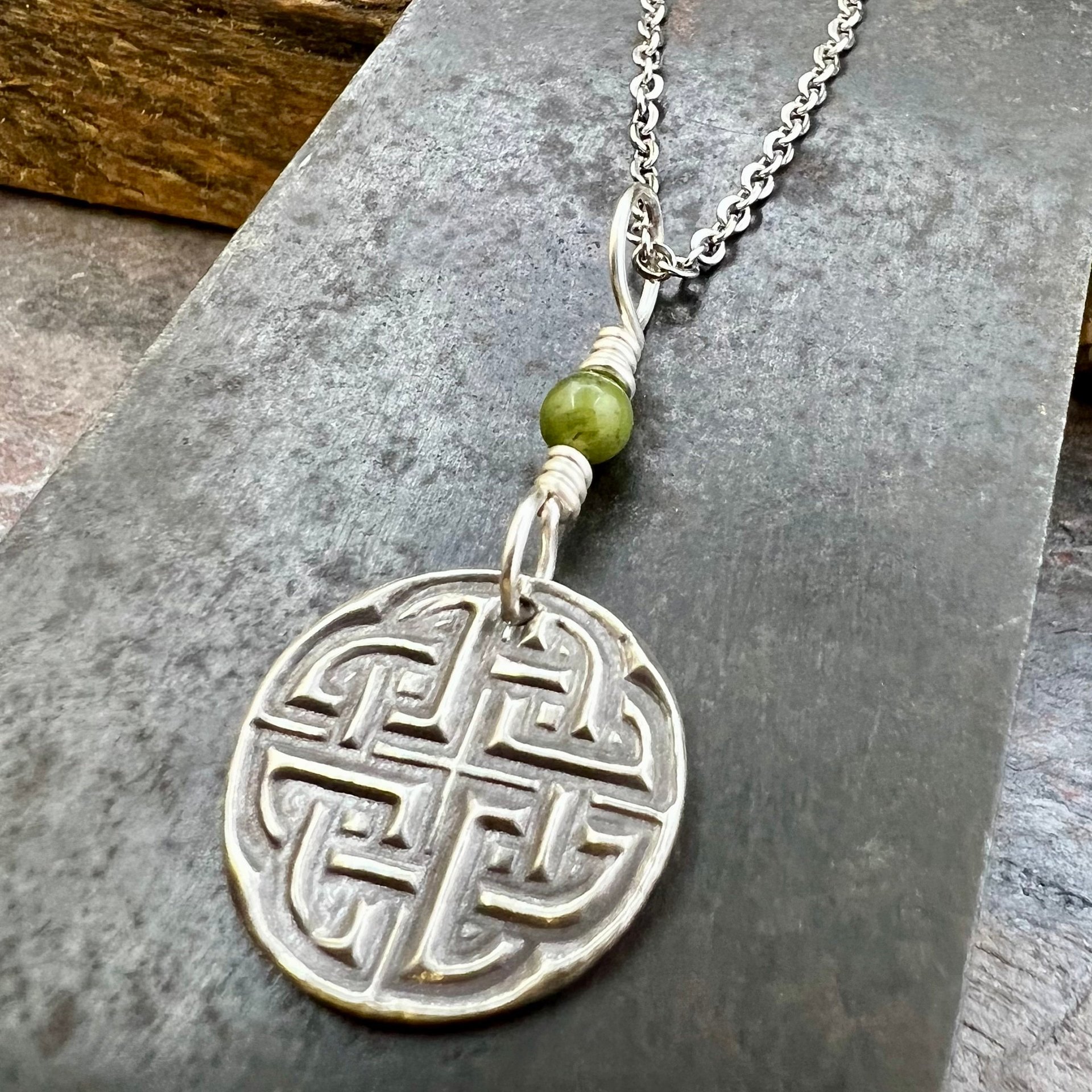 Sterling Silver, Celtic Knot Wax Seal Charm, Connemara Marble, Irish Celtic Jewelry, Pagan Art, Leather & Vegan Cords, Stainless Chains