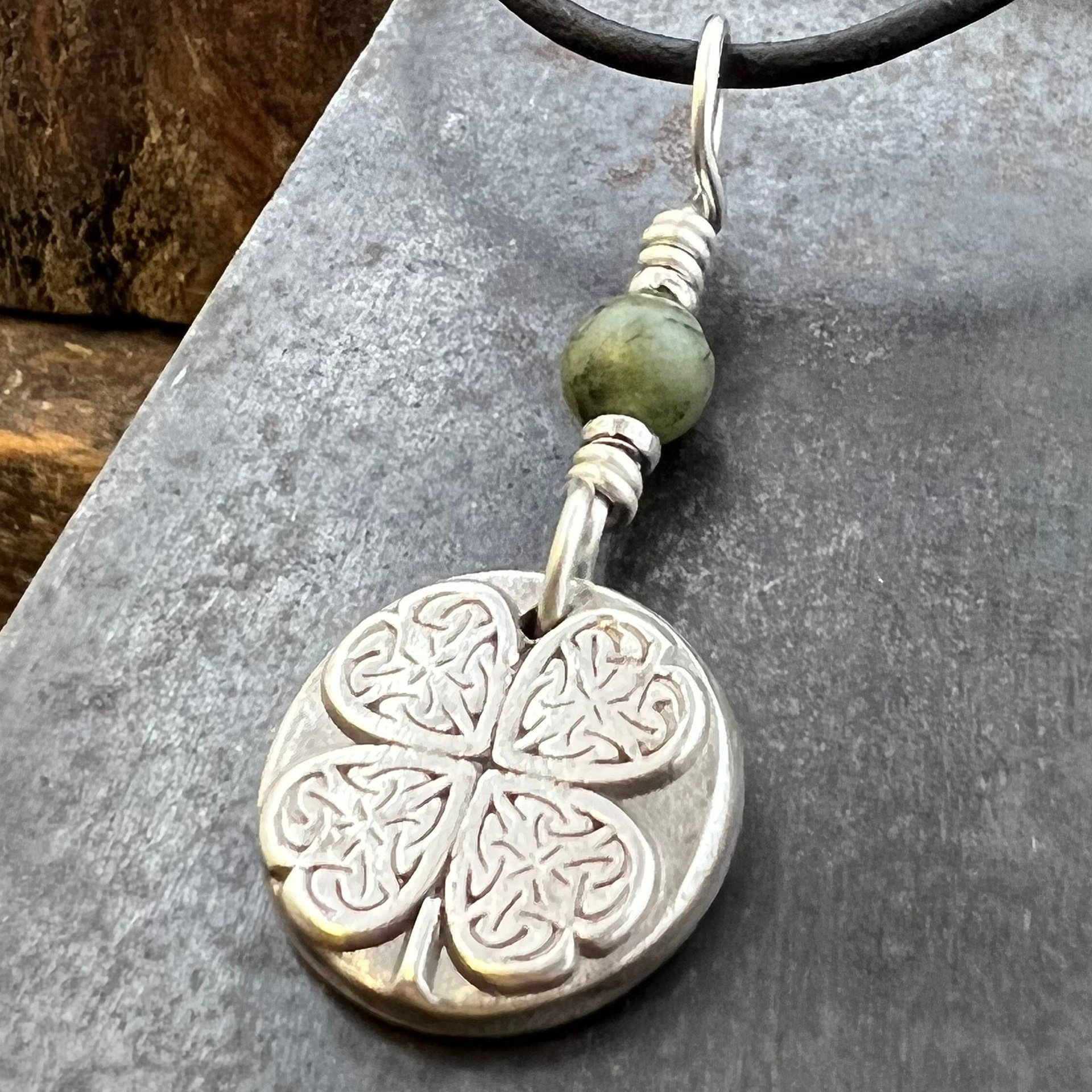 Four Leaf Clover, Sterling Silver, Wax Seal Charm, Connemara Marble, Irish Celtic Jewelry, Pagan Celtic Witch, 4 Leaf, Luck of the Irish
