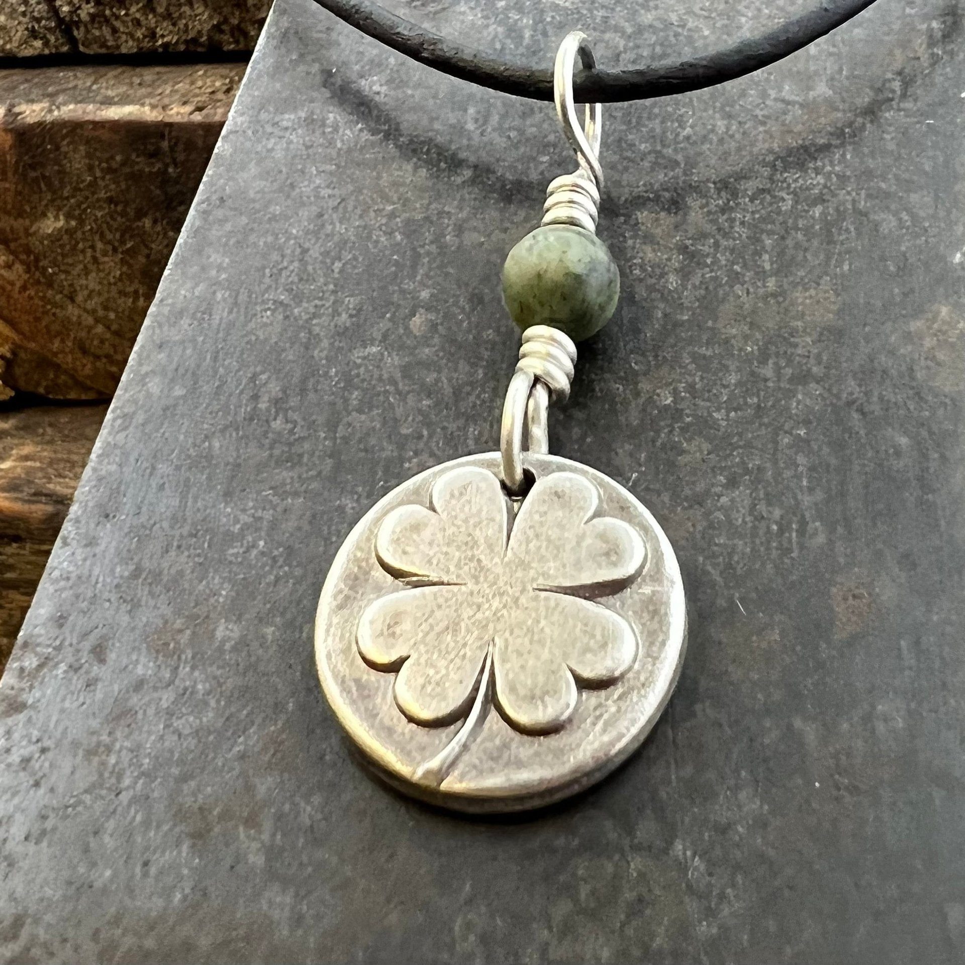 Four Leaf Clover, Sterling Silver, Wax Seal Charm, Connemara Marble, Irish Celtic Jewelry, Pagan Celtic Witch, 4 Leaf, Luck of the Irish