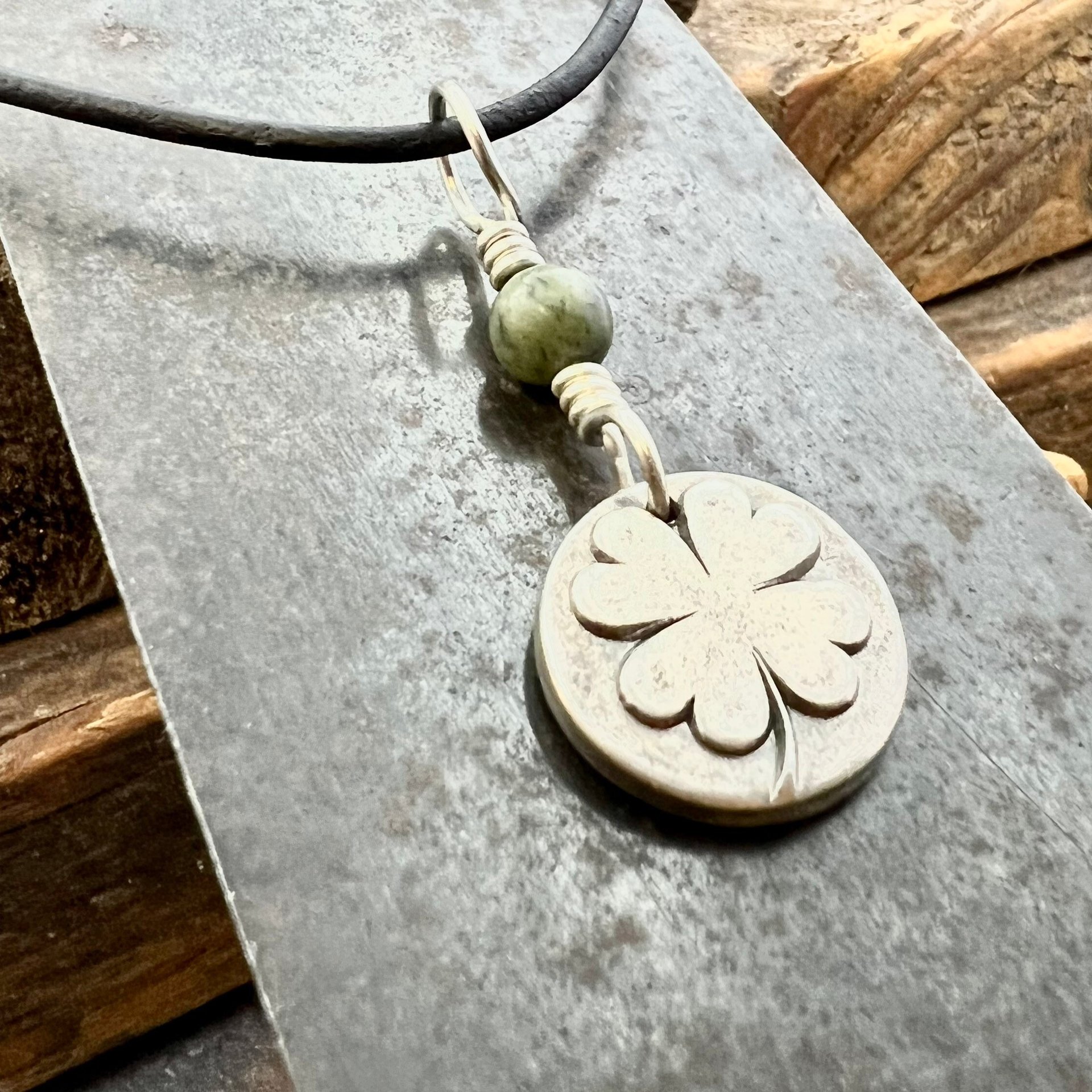 Four Leaf Clover, Sterling Silver, Wax Seal Charm, Connemara Marble, Irish Celtic Jewelry, Pagan Celtic Witch, 4 Leaf, Luck of the Irish
