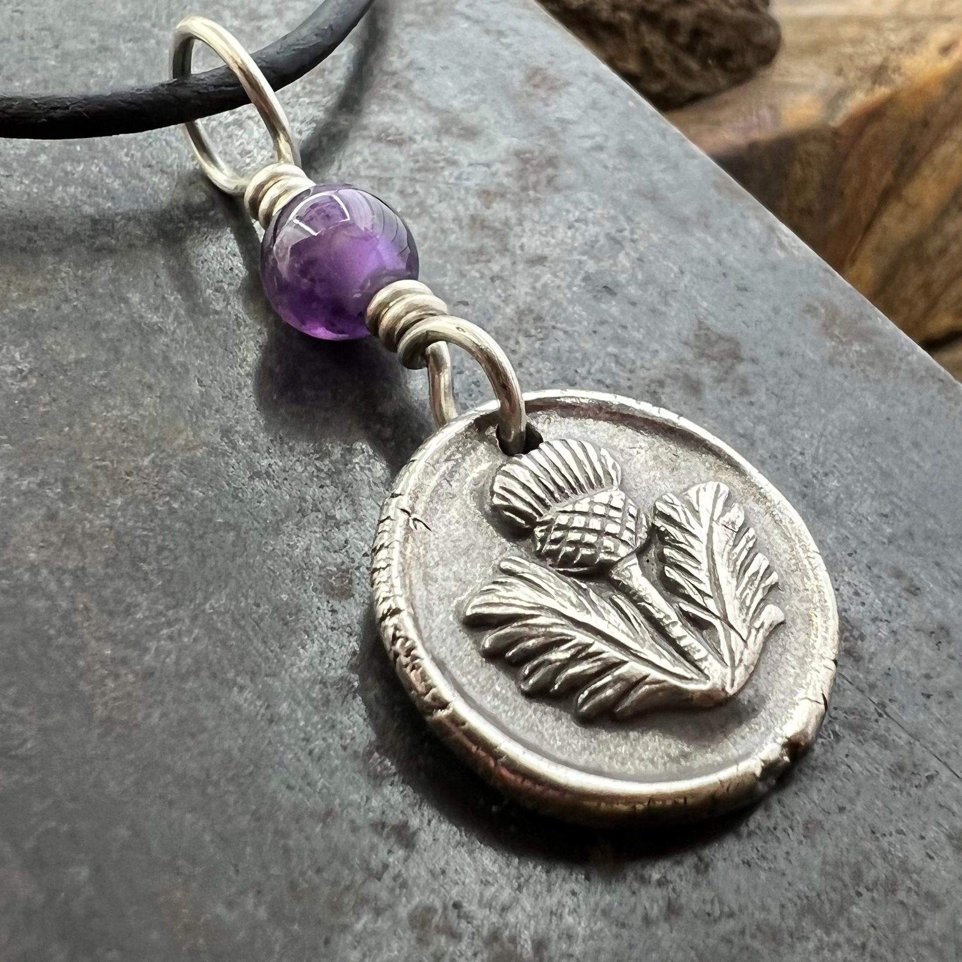 Thistle of Scotland, Sterling Silver, Wax Seal Charm, Scottish Jewelry, Highlander, Scottish Thistle, Amethyst, Outlander Gift, Spirals