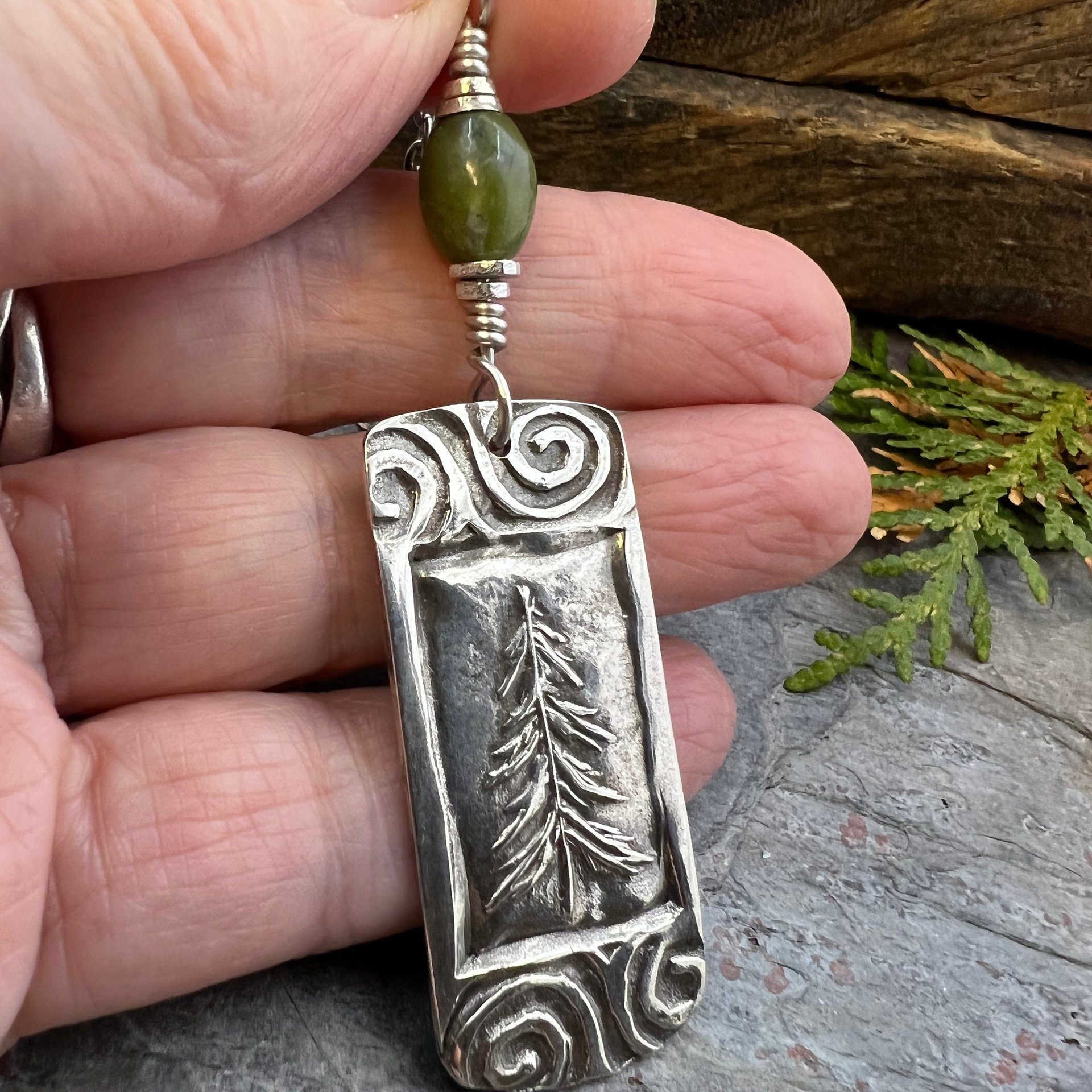 Pine Tree Pendant, Sterling Silver, Connemara Marble, Evergreen Necklace, Pine Cedar Fir, Irish Celtic Spirals, Tree Branches, Handmade Art