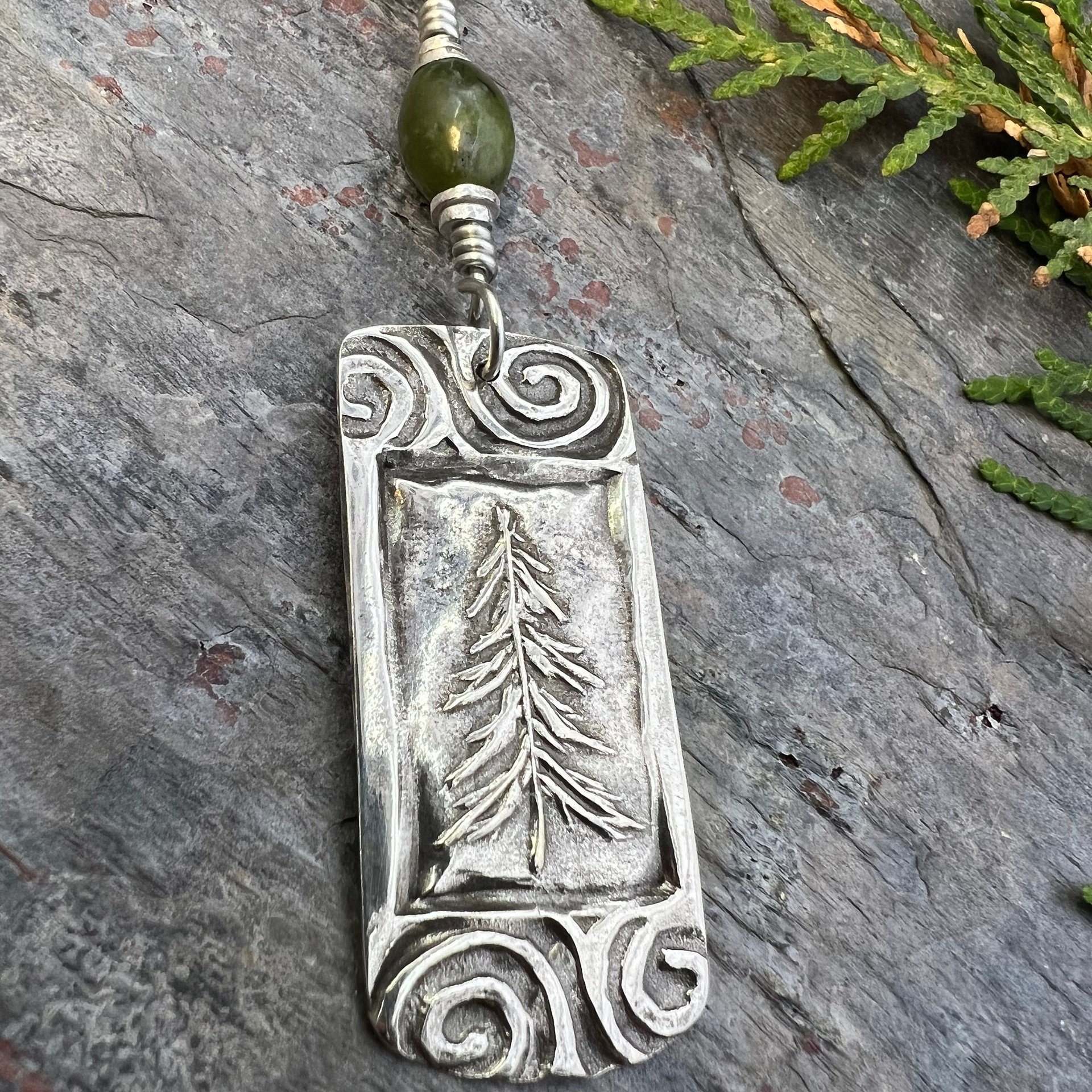 Pine Tree Pendant, Sterling Silver, Connemara Marble, Evergreen Necklace, Pine Cedar Fir, Irish Celtic Spirals, Tree Branches, Handmade Art