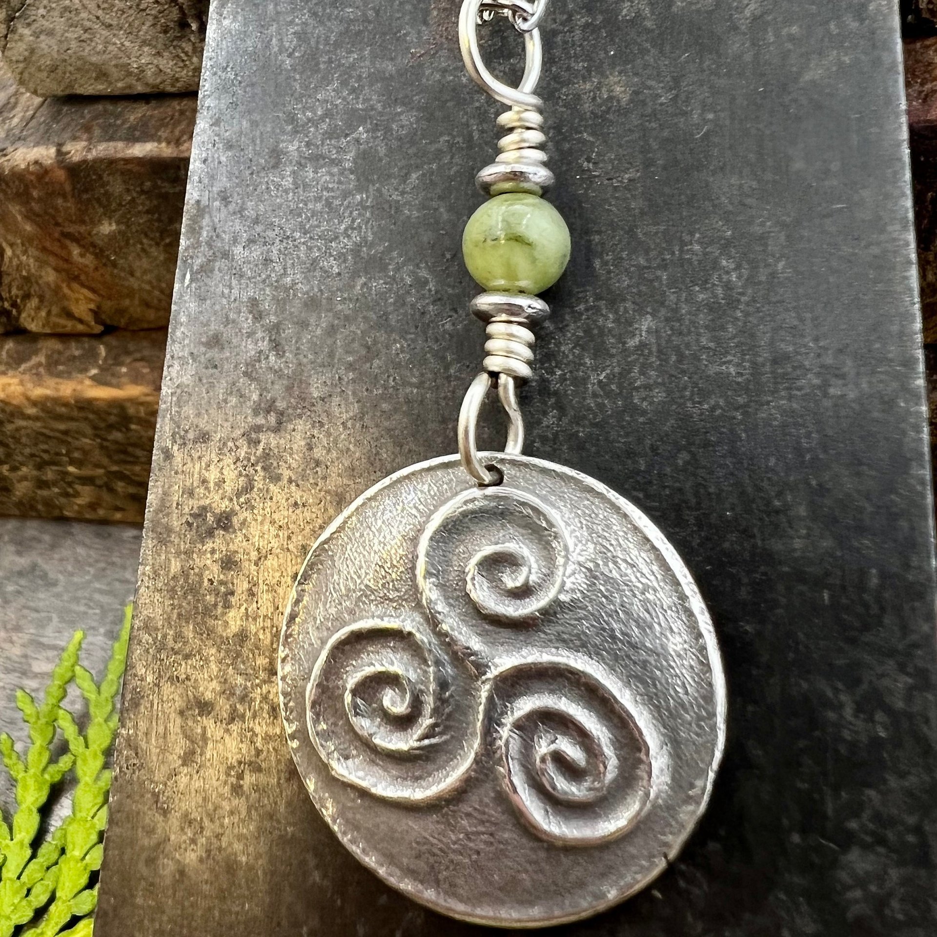 Sterling Silver Triskele Pendant, Triskelion Triple Spiral, Connemara Marble, Irish Celtic Jewelry, Pagan Art, Leather & Vegan Cords, Chains