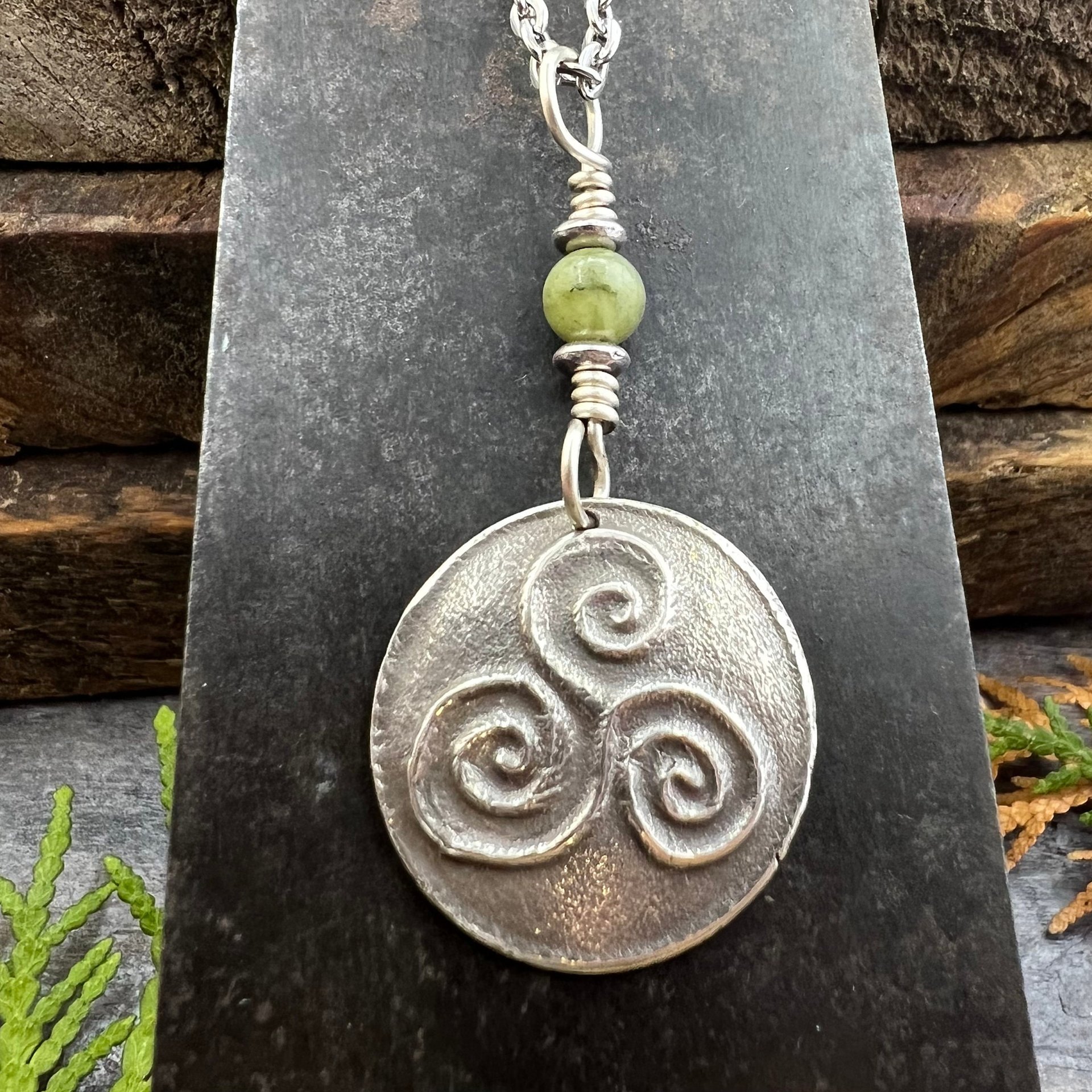 Sterling Silver Triskele Pendant, Triskelion Triple Spiral, Connemara Marble, Irish Celtic Jewelry, Pagan Art, Leather & Vegan Cords, Chains
