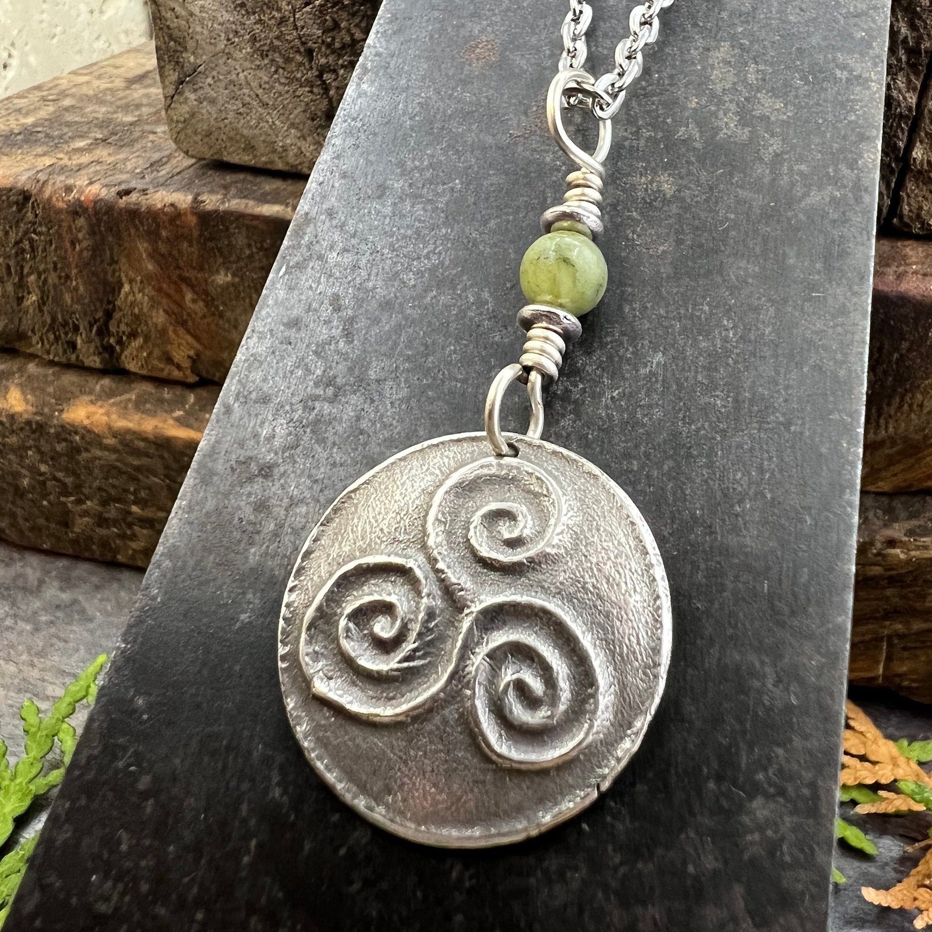 Sterling Silver Triskele Pendant, Triskelion Triple Spiral, Connemara Marble, Irish Celtic Jewelry, Pagan Art, Leather & Vegan Cords, Chains