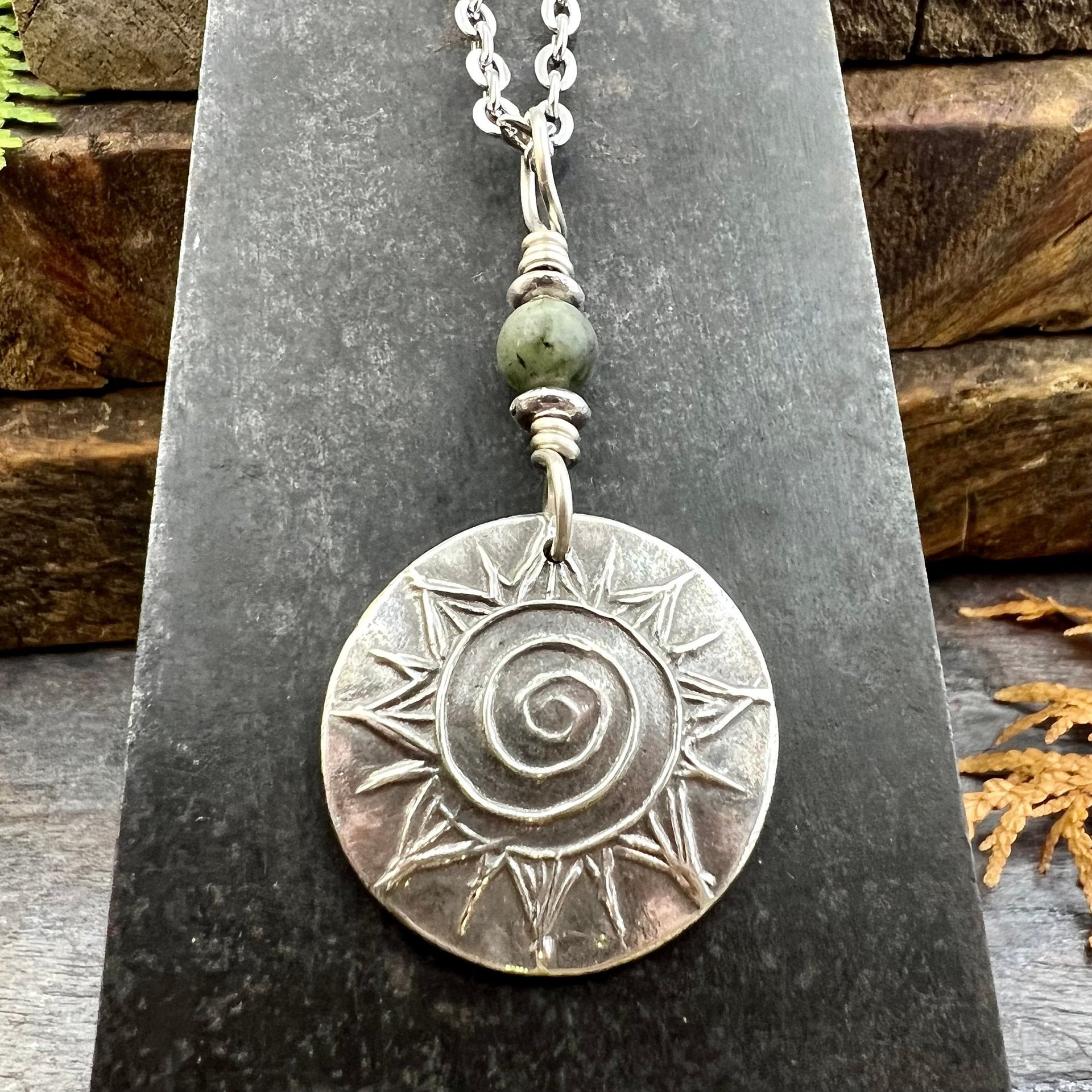 Celtic Sun Spiral, Sterling Silver Charm, Connemara Marble, Irish Celtic Jewelry, Domed Sun Necklace, Leather & Vegan Cords, Handmade Art