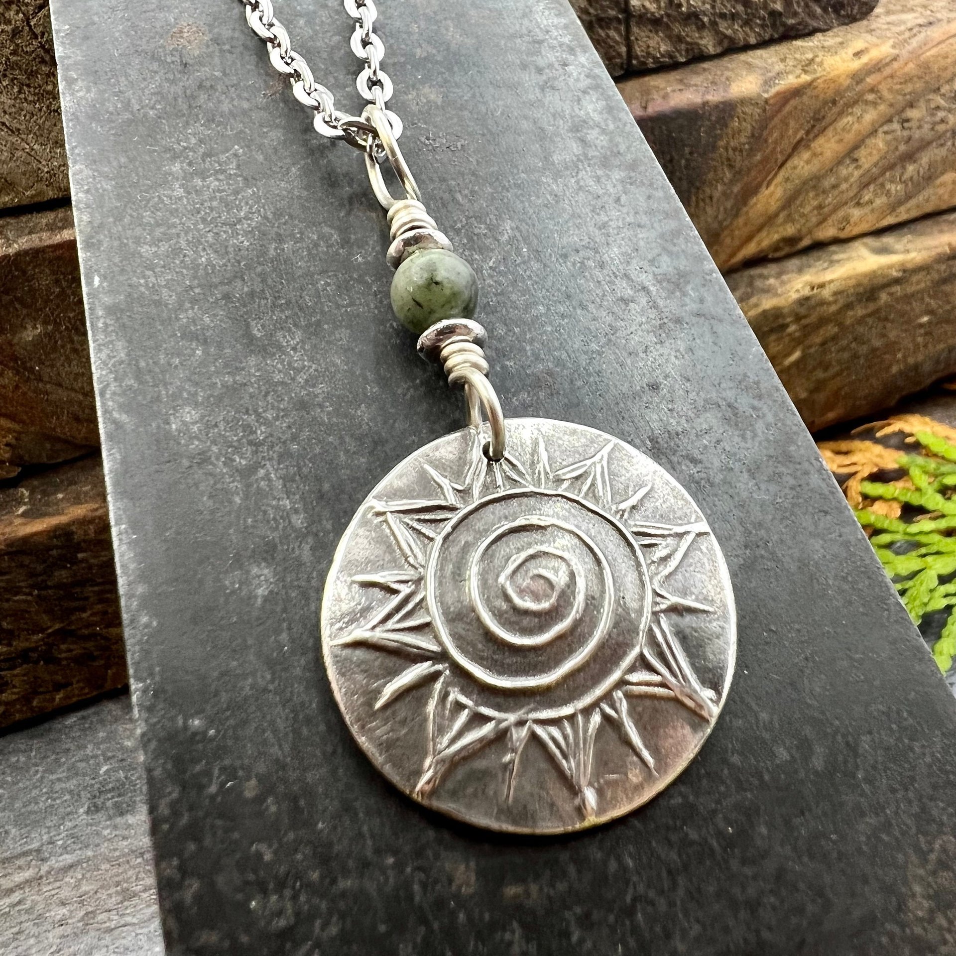 Celtic Sun Spiral, Sterling Silver Charm, Connemara Marble, Irish Celtic Jewelry, Domed Sun Necklace, Leather & Vegan Cords, Handmade Art