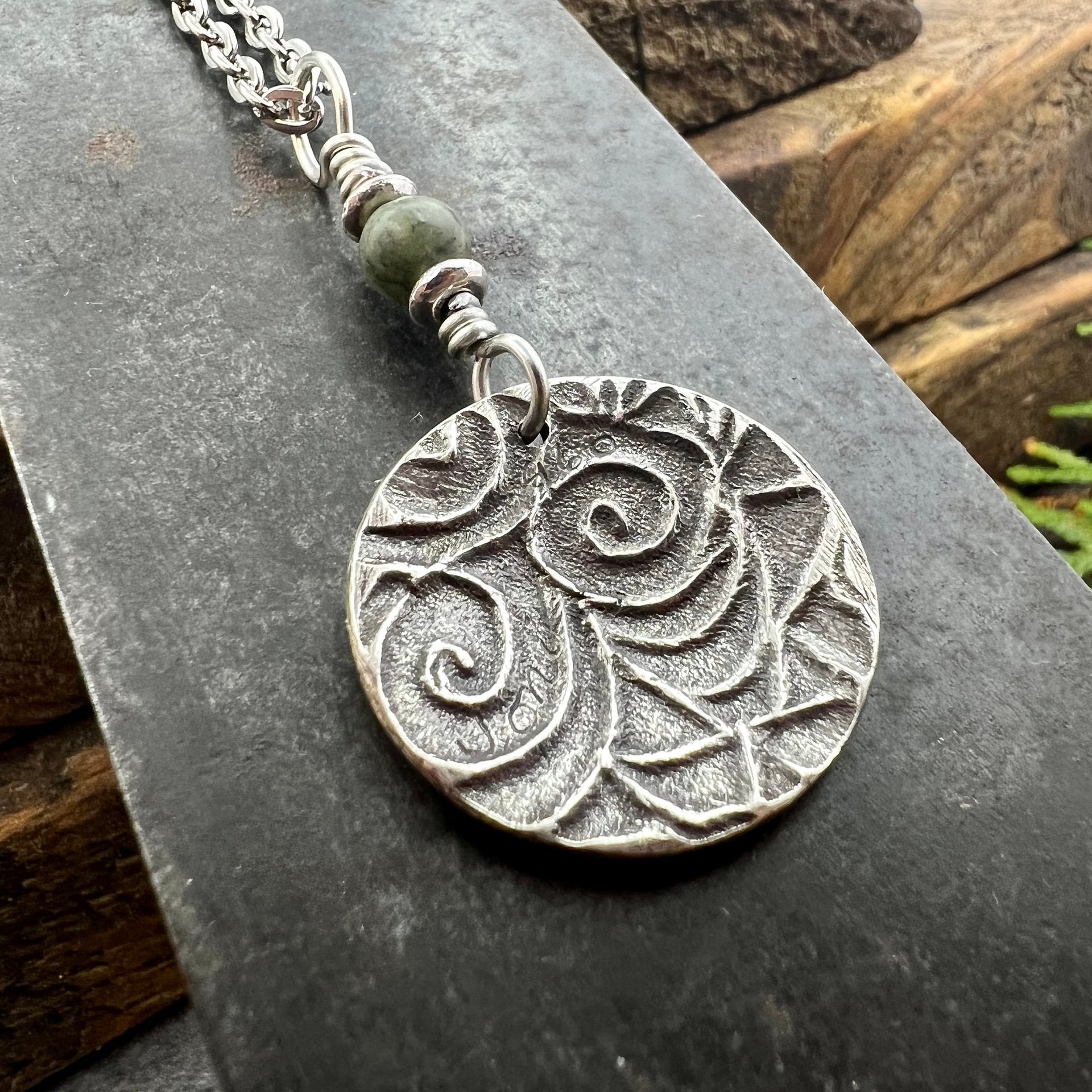 Celtic Sun Spiral, Sterling Silver Charm, Connemara Marble, Irish Celtic Jewelry, Domed Sun Necklace, Leather & Vegan Cords, Handmade Art