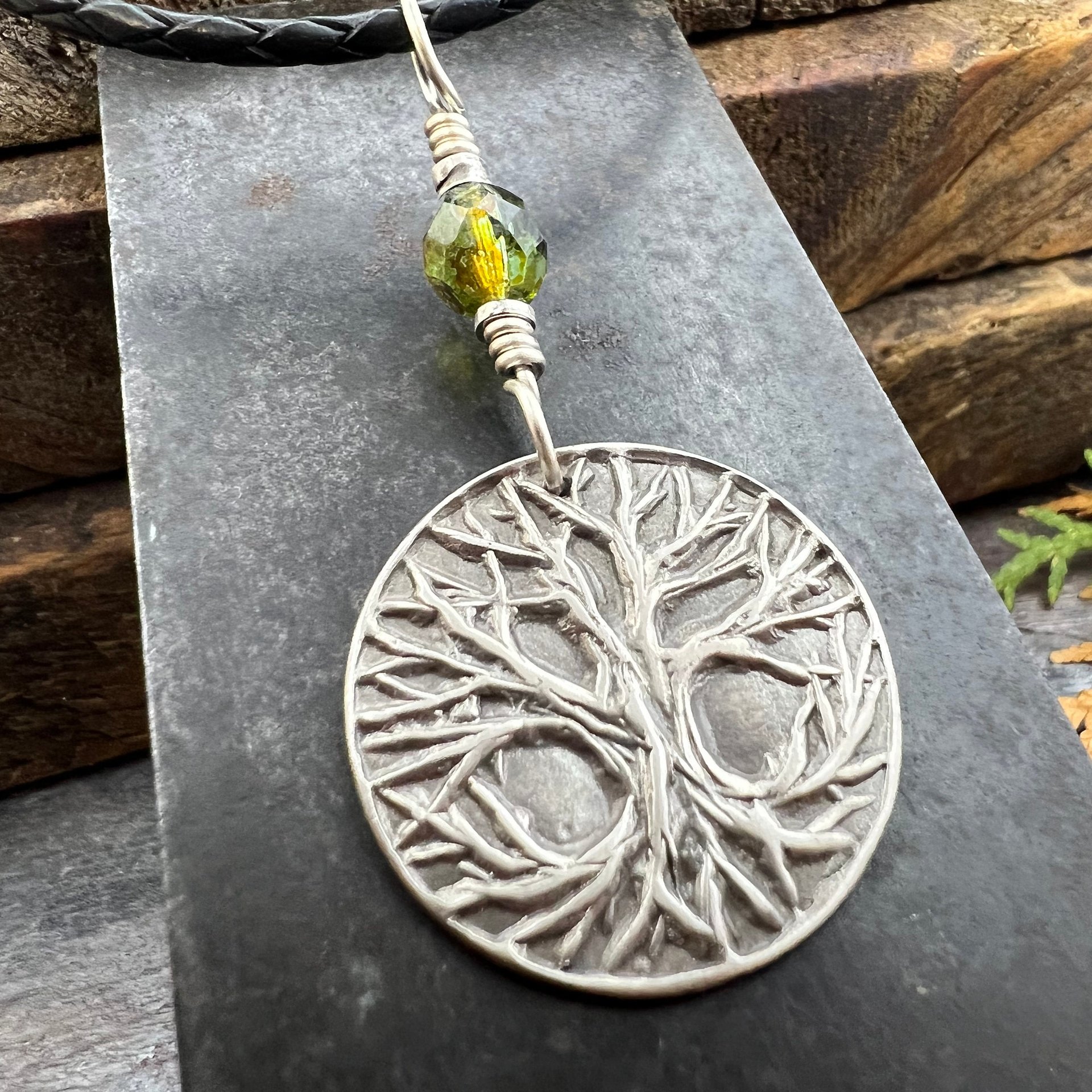 Celtic Tree of Life Pendant, Sterling Silver, Green Czech Glass, Sacred Celtic Tree, Irish Celtic Spirals, Druid Dryad, Crann Bethadh, Witch