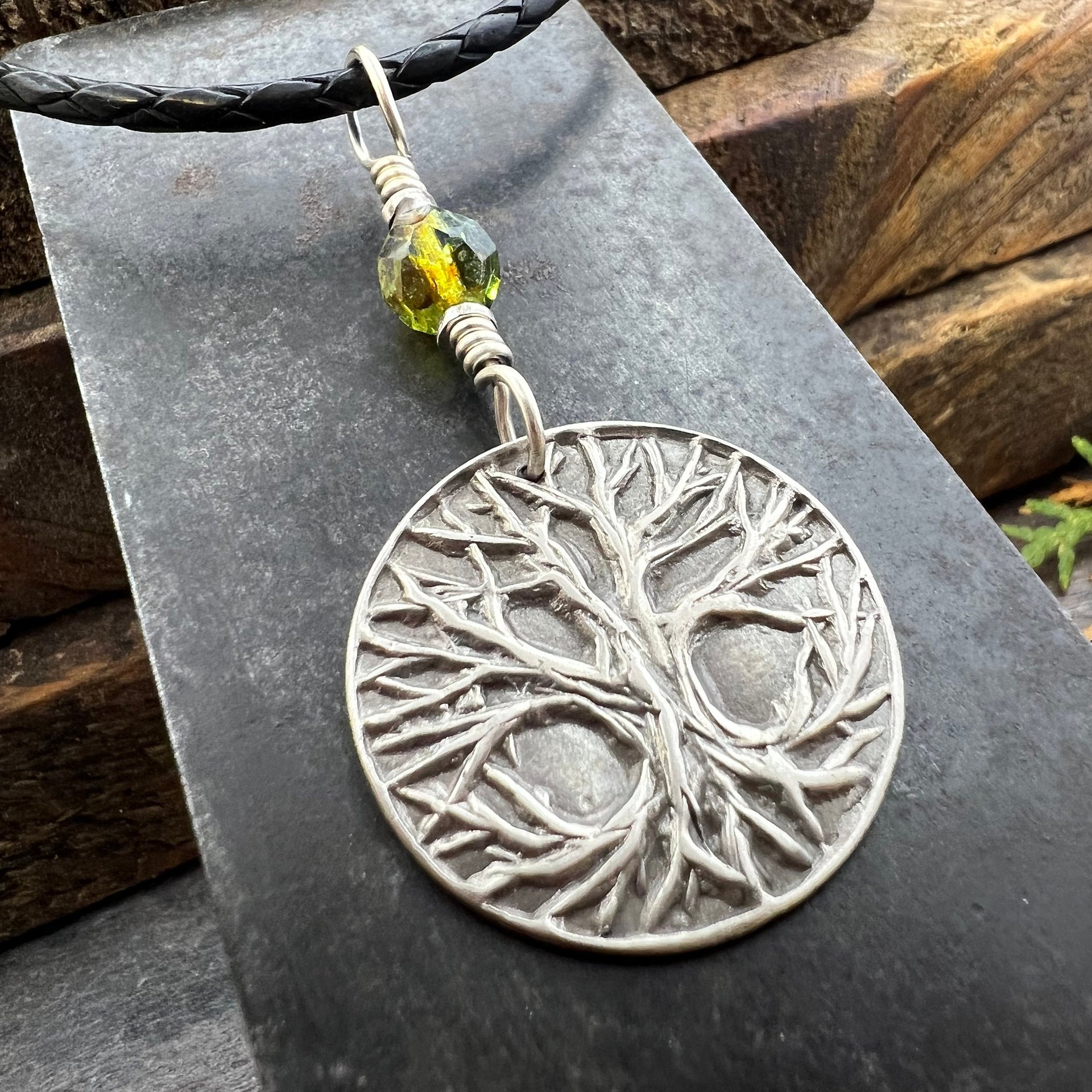 Celtic Tree of Life Pendant, Sterling Silver, Green Czech Glass, Sacred Celtic Tree, Irish Celtic Spirals, Druid Dryad, Crann Bethadh, Witch