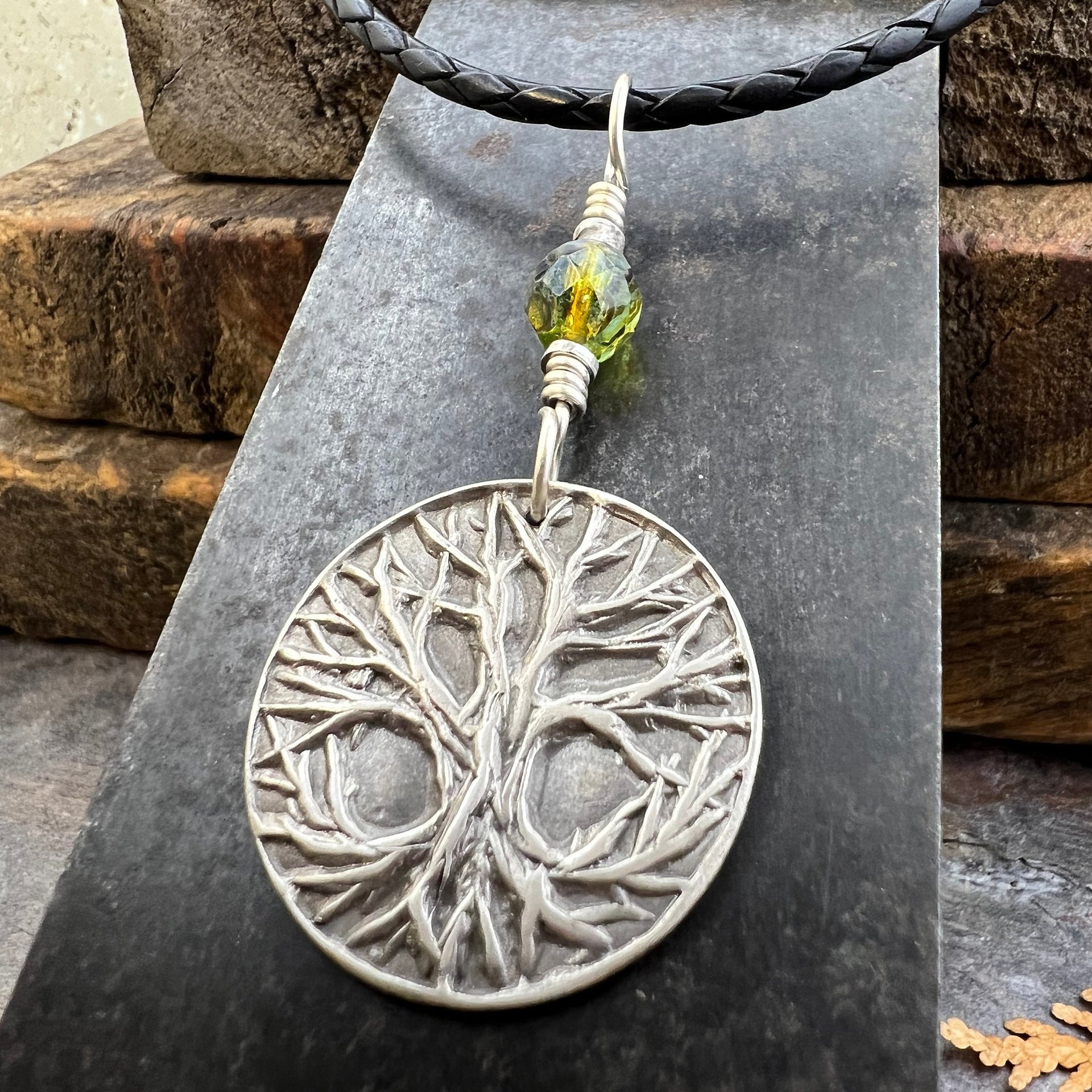 Celtic Tree of Life Pendant, Sterling Silver, Green Czech Glass, Sacred Celtic Tree, Irish Celtic Spirals, Druid Dryad, Crann Bethadh, Witch