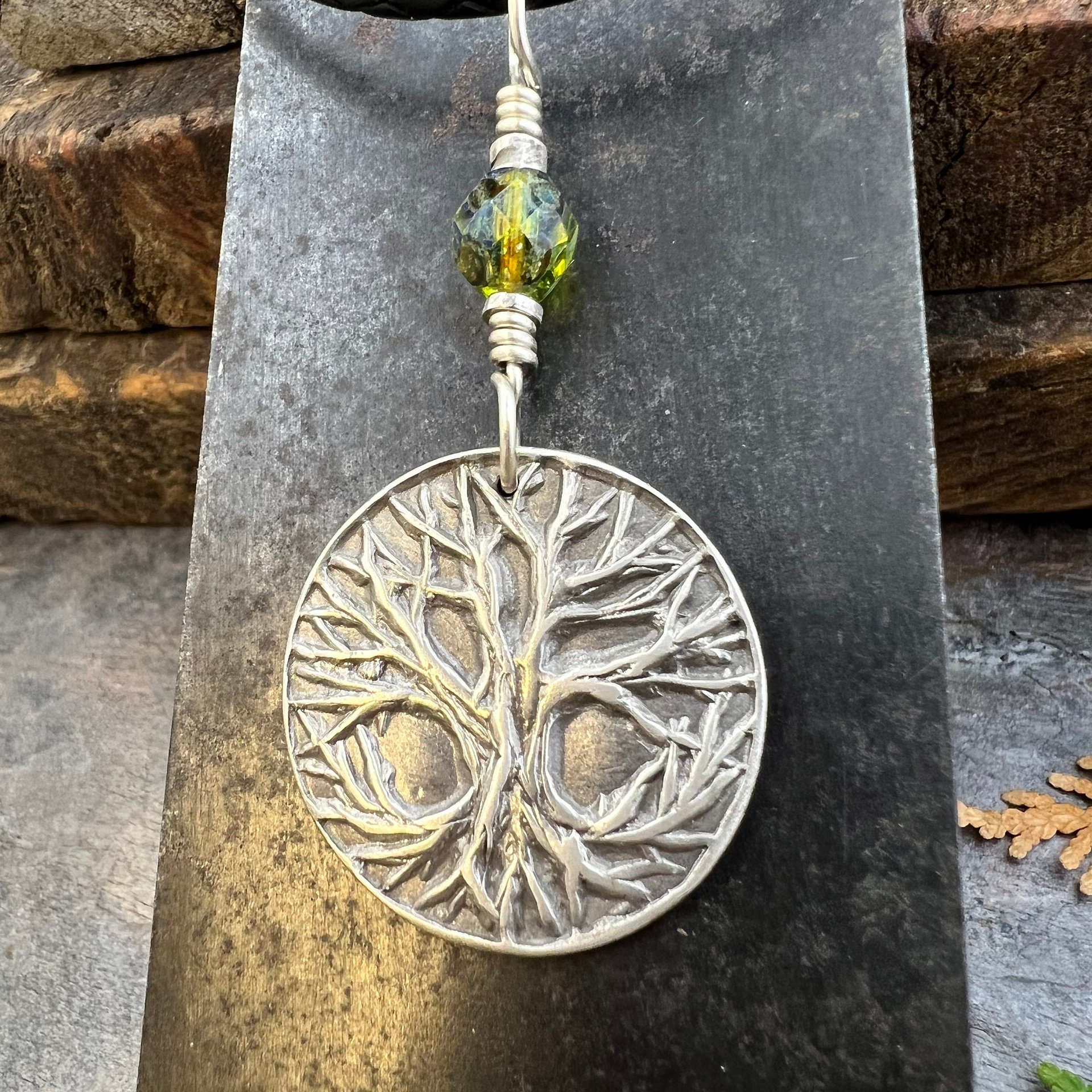 Celtic Tree of Life Pendant, Sterling Silver, Green Czech Glass, Sacred Celtic Tree, Irish Celtic Spirals, Druid Dryad, Crann Bethadh, Witch