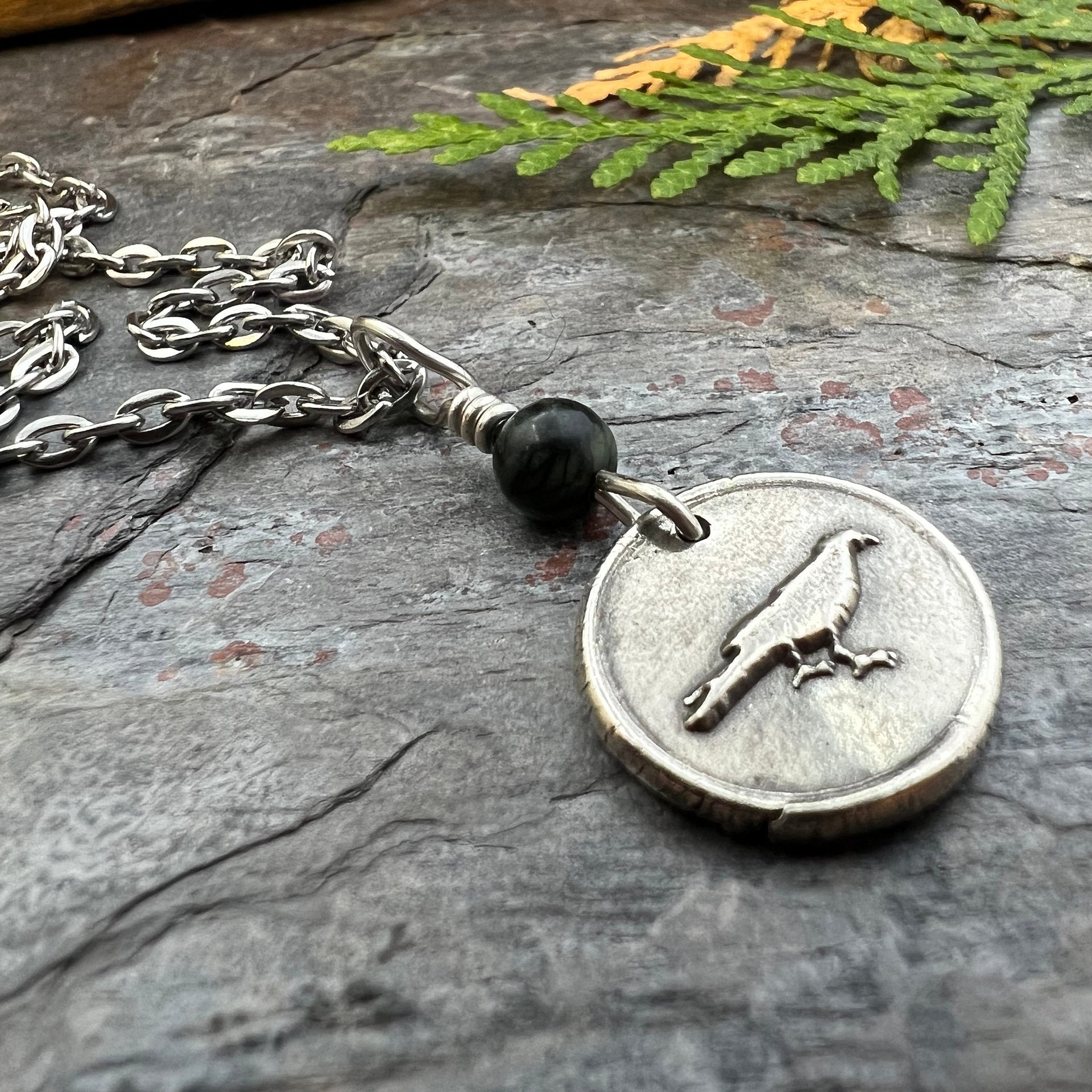 Raven Charm, Sterling Silver, Kilkenny Black Marble, Irish Celtic Jewelry, Wax Seal Charm, Leather & Vegan Cords, Stainless Chains, Handmade