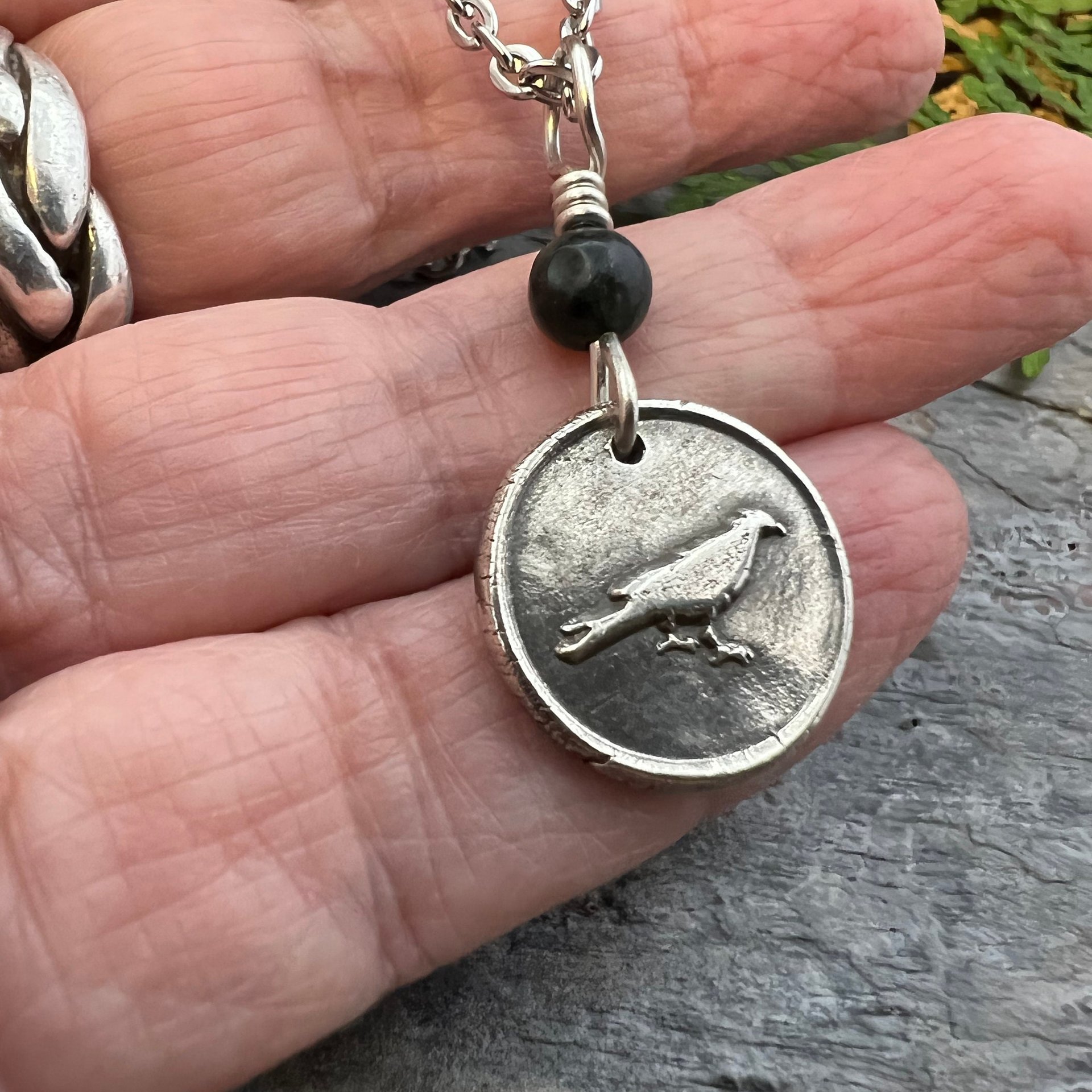 Raven Charm, Sterling Silver, Kilkenny Black Marble, Irish Celtic Jewelry, Wax Seal Charm, Leather & Vegan Cords, Stainless Chains, Handmade